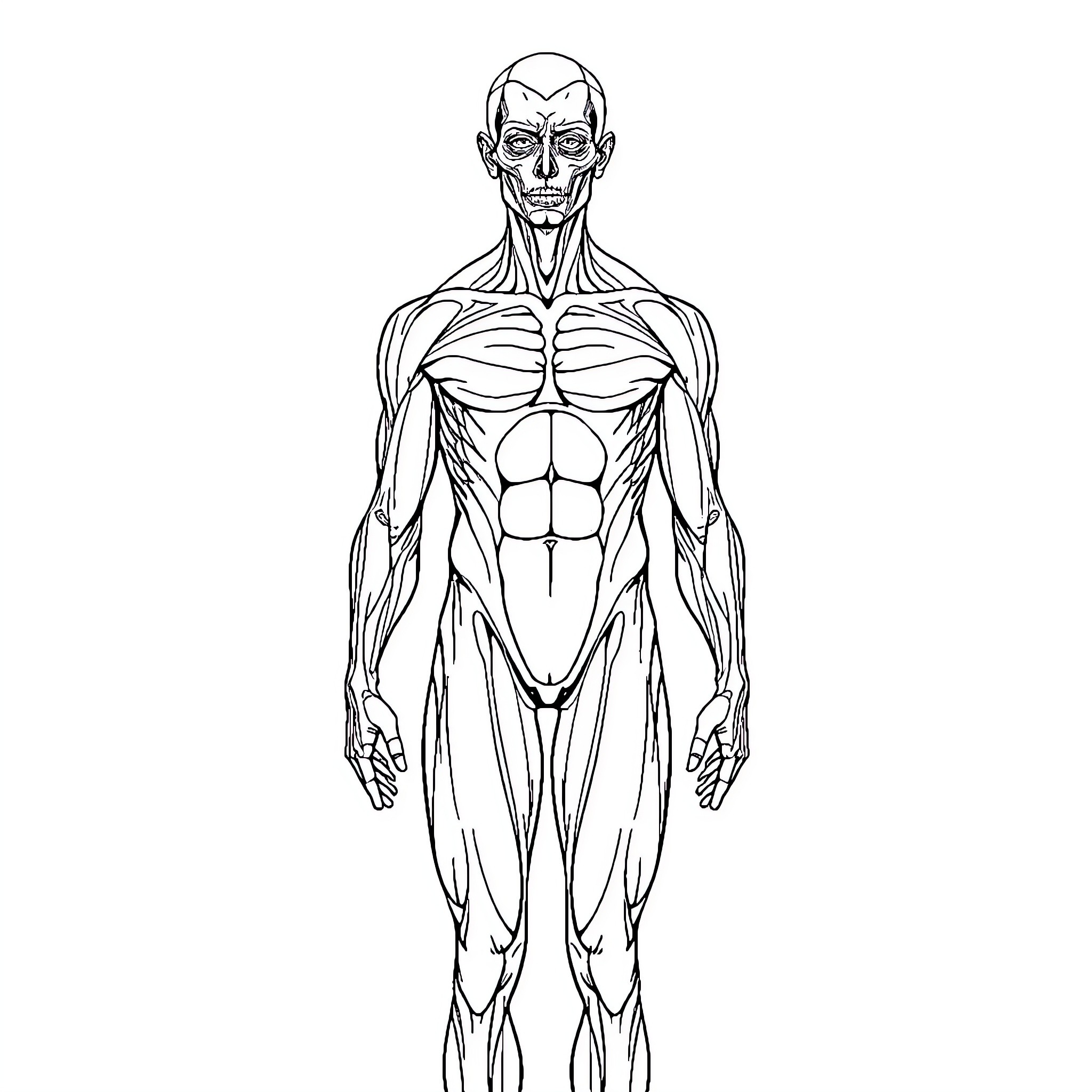 Human Anatomy Diagram of Male Musculature Coloring Page (free black-and-white line drawing printable PDF for all, from beginners to advanced learners, including children, teens, adults, and seniors)