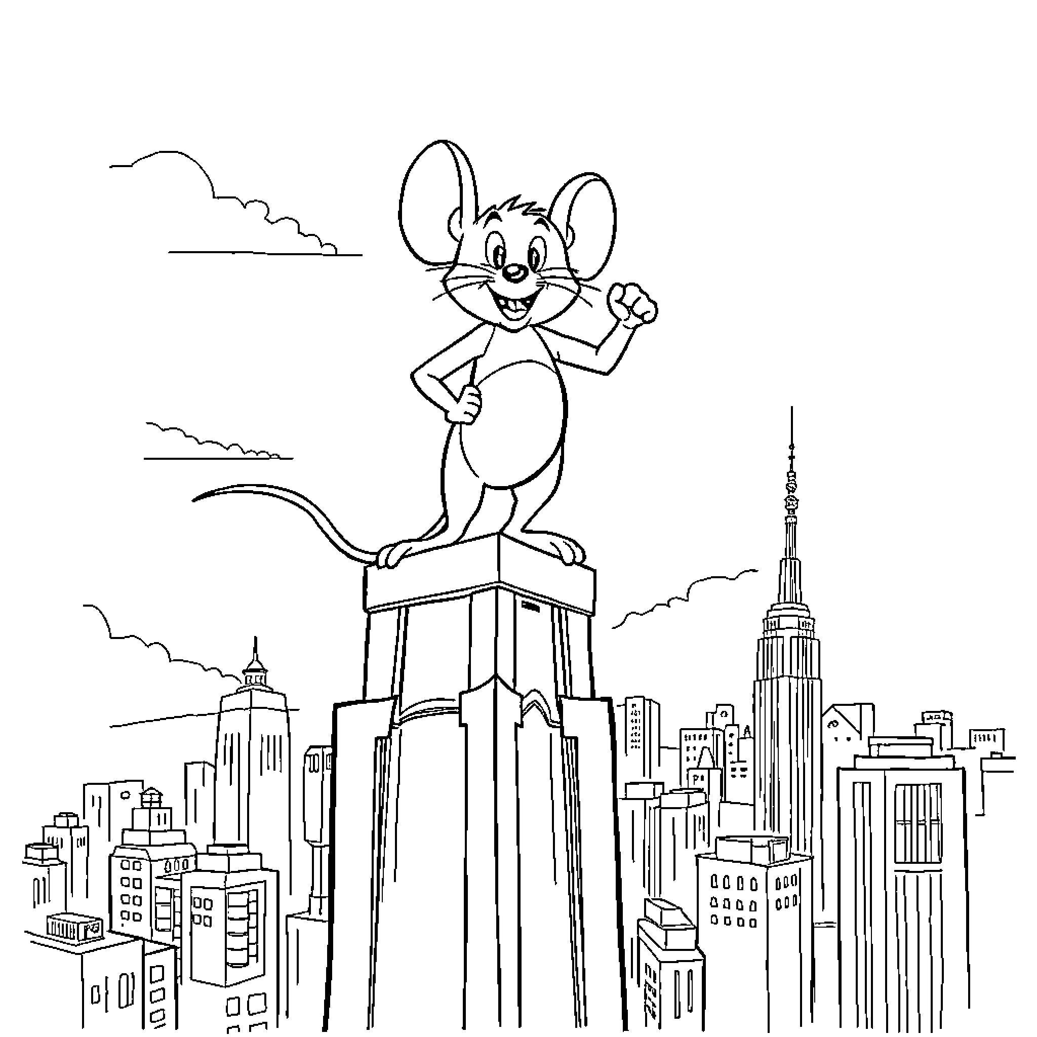 Mouse character posing on top of city skyscrapers Coloring Page (free black-and-white line drawing printable PDF for all, from beginners to advanced learners, including children, teens, adults, and seniors)