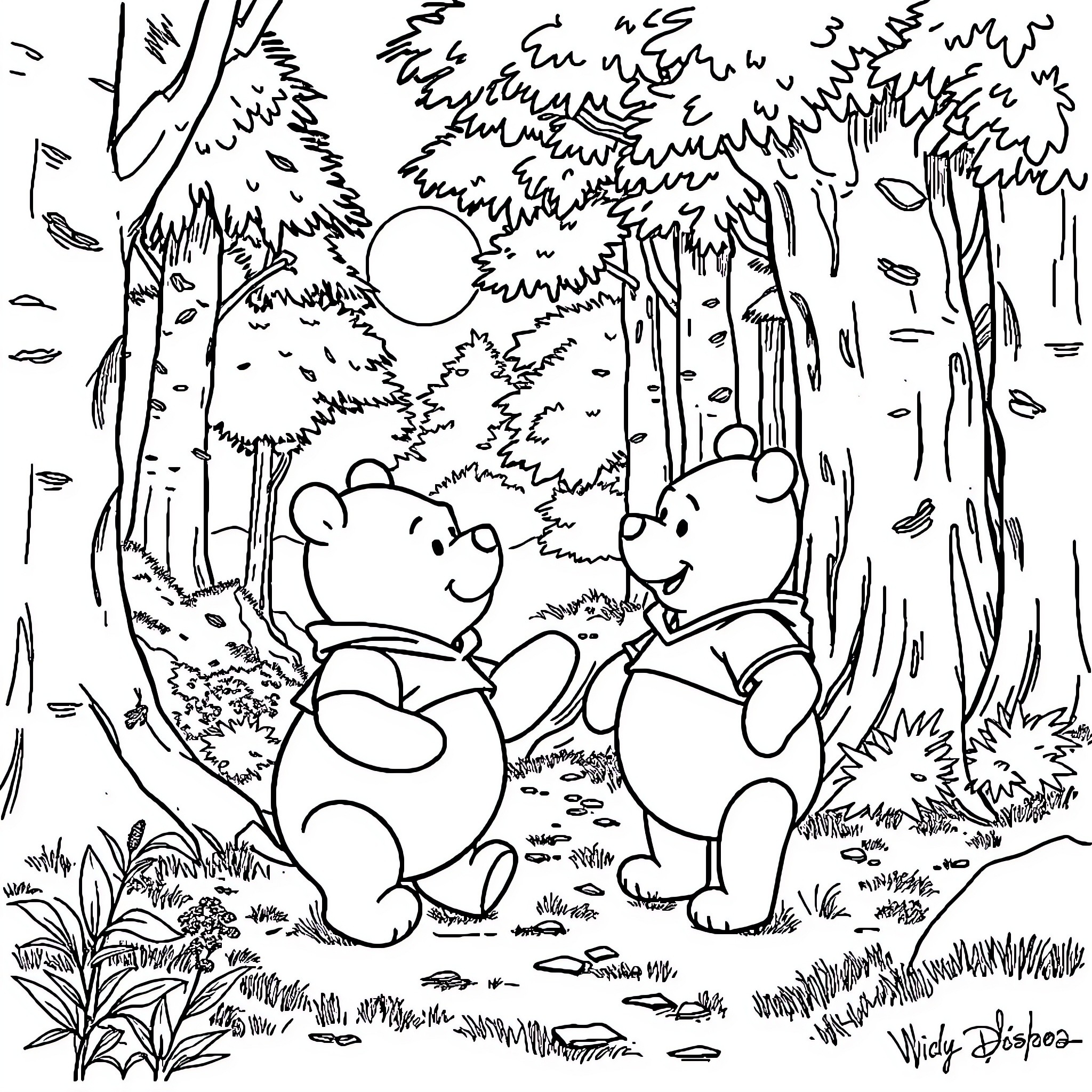 Winnie The Pooh and Piglet explore the enchanted forest Coloring Page (free black-and-white line drawing printable PDF for all, from beginners to advanced learners, including children, teens, adults, and seniors)