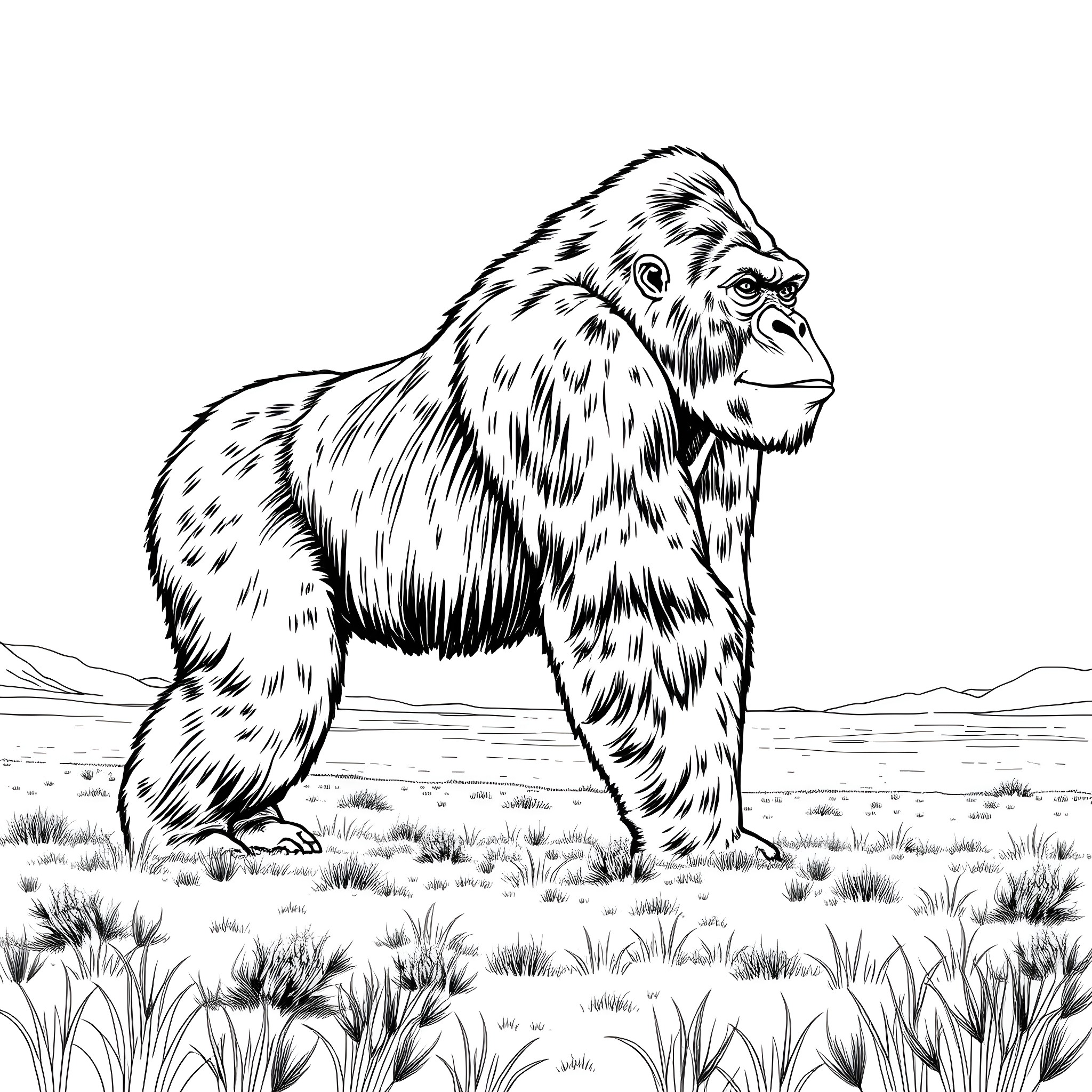 Gorilla standing tall in the wilderness Coloring Page (free black-and-white line drawing printable PDF for all, from beginners to advanced learners, including children, teens, adults, and seniors)