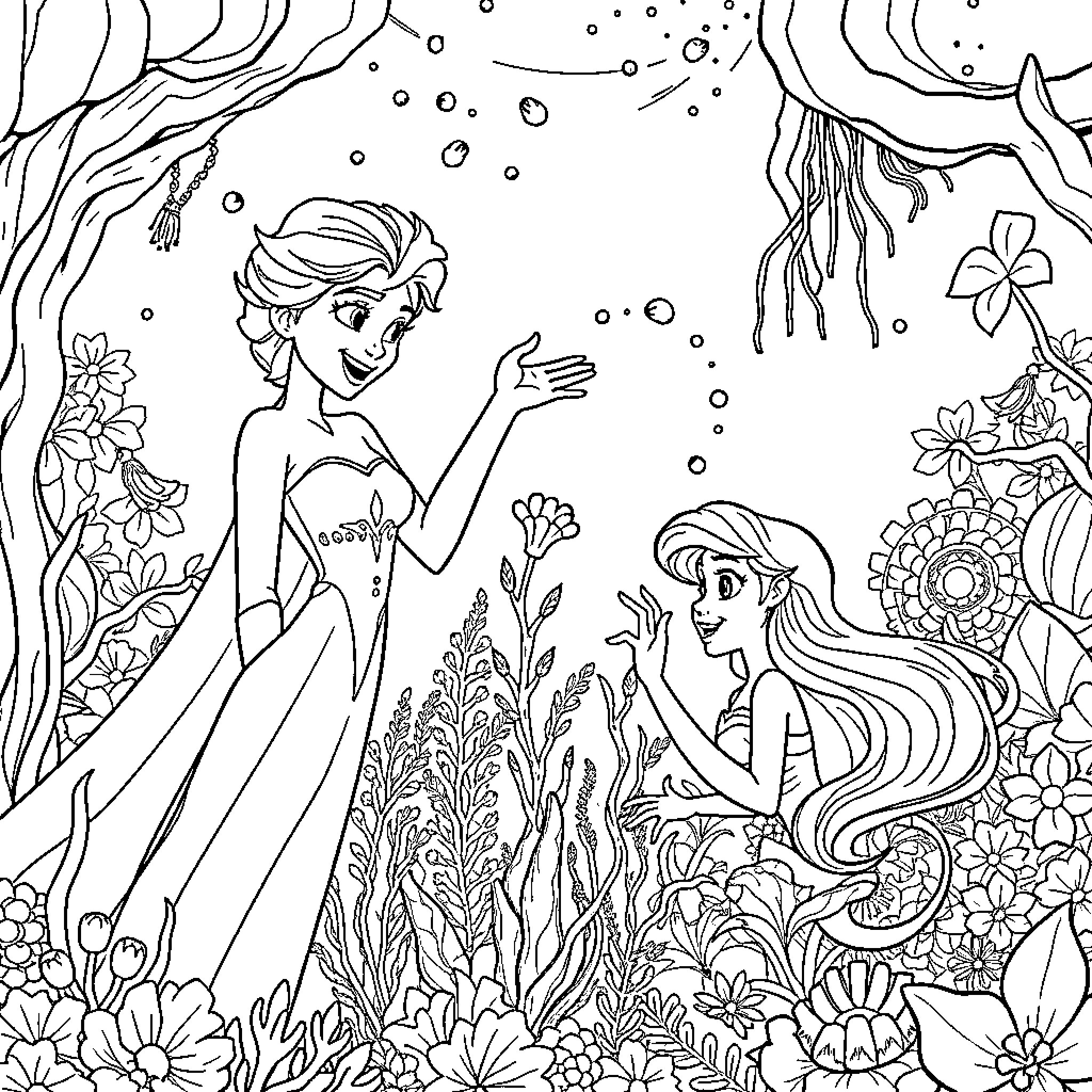 Elsa and Ariel playing in the enchanted underwater garden Coloring Page (free black-and-white line drawing printable PDF for all, from beginners to advanced learners, including children, teens, adults, and seniors)