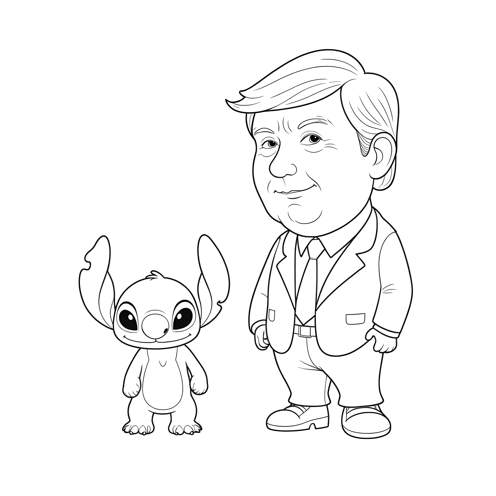 Stitch and man in suit standing together Coloring Page (free black-and-white line drawing printable PDF for all, from beginners to advanced learners, including children, teens, adults, and seniors)