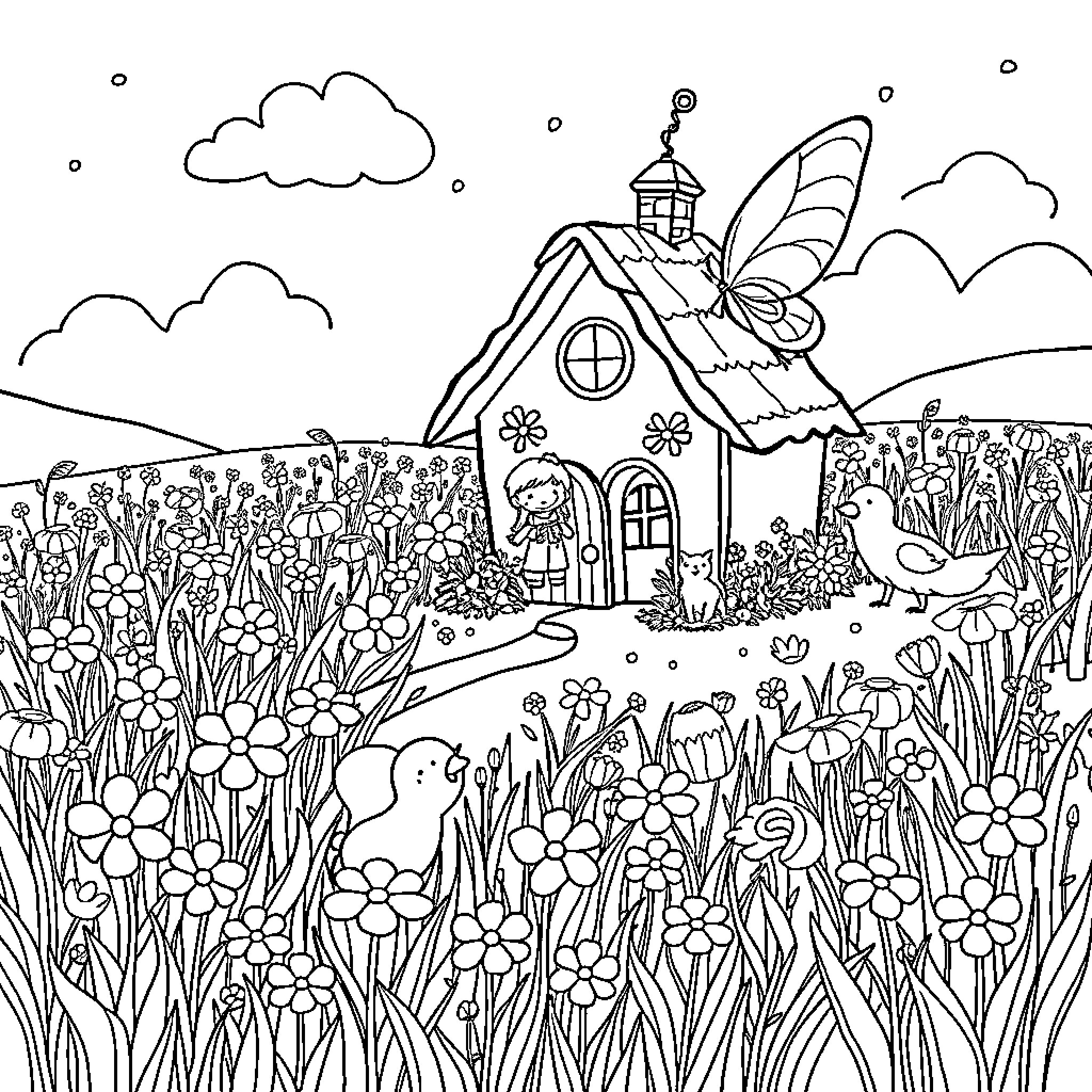 Flower Scene with Whimsical Cottage and Characters Coloring Page (free black-and-white line drawing printable PDF for all, from beginners to advanced learners, including children, teens, adults, and seniors)