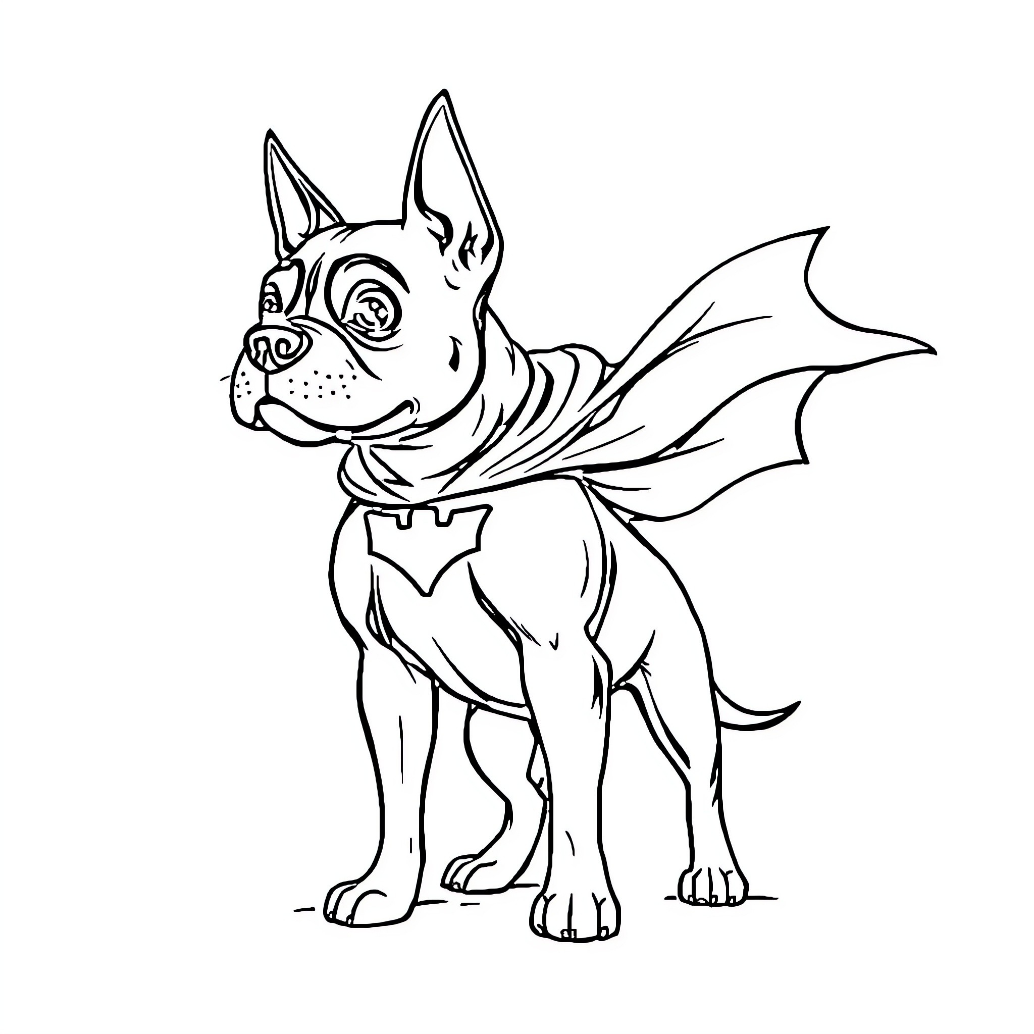 Batdog Heroically Posing in Costume Coloring Page (free black-and-white line drawing printable PDF for all, from beginners to advanced learners, including children, teens, adults, and seniors)
