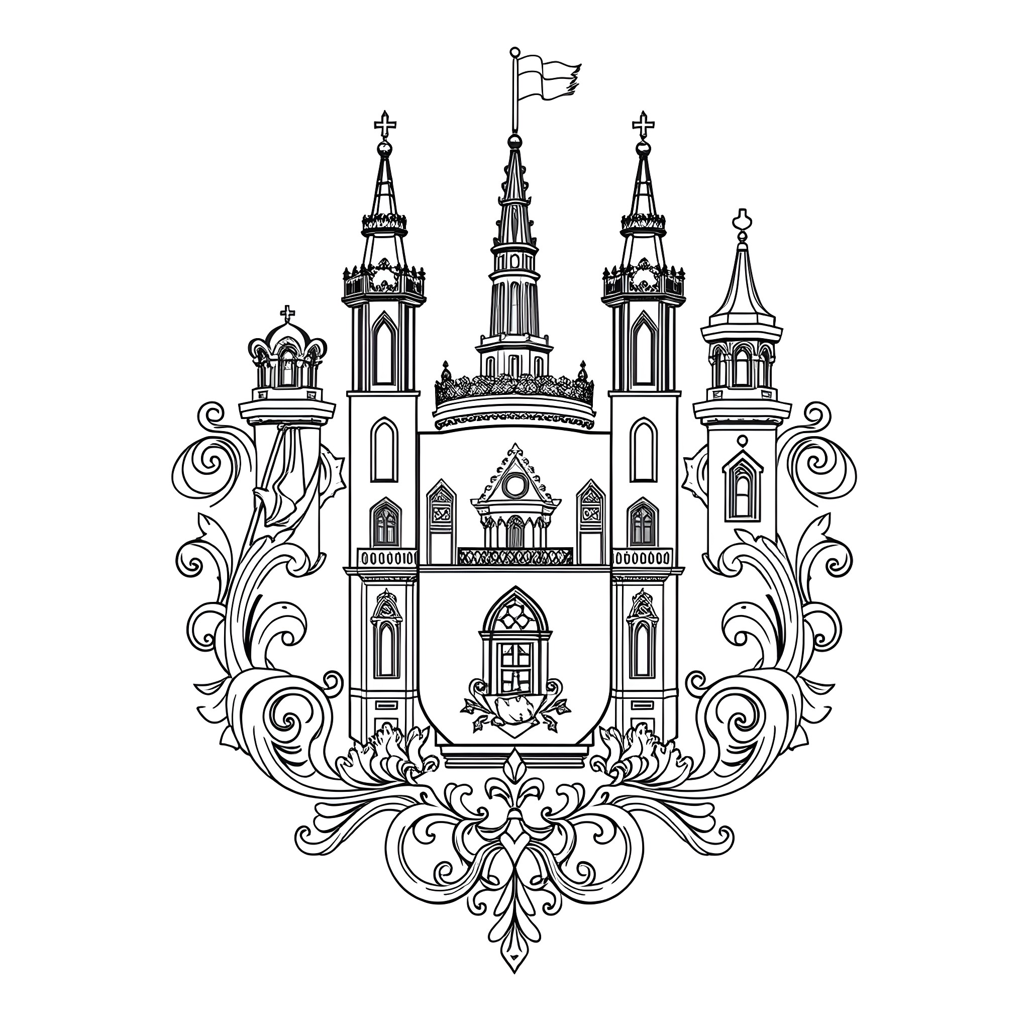 Man City Crest with Ornate Gothic Architecture Coloring Page (free black-and-white line drawing printable PDF for all, from beginners to advanced learners, including children, teens, adults, and seniors)