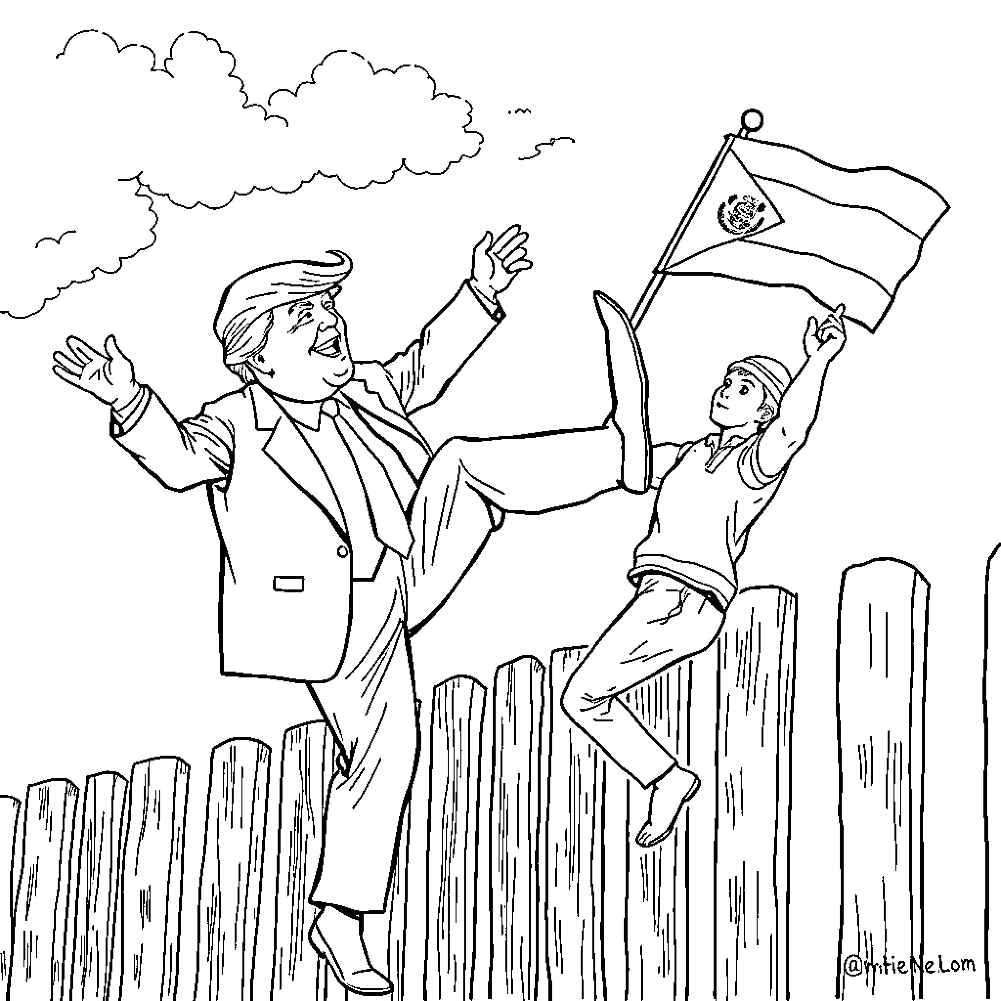 Donald Trump's Enthusiastic Supporters Rally with Flags Coloring Page (free black-and-white line drawing printable PDF for all, from beginners to advanced learners, including children, teens, adults, and seniors)