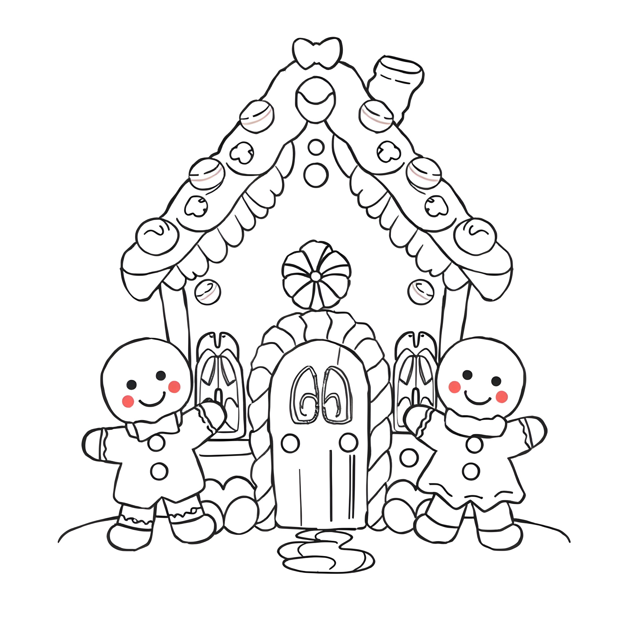 Gingerbread House with Smiling Gingerbread People Coloring Page (free black-and-white line drawing printable PDF for all, from beginners to advanced learners, including children, teens, adults, and seniors)