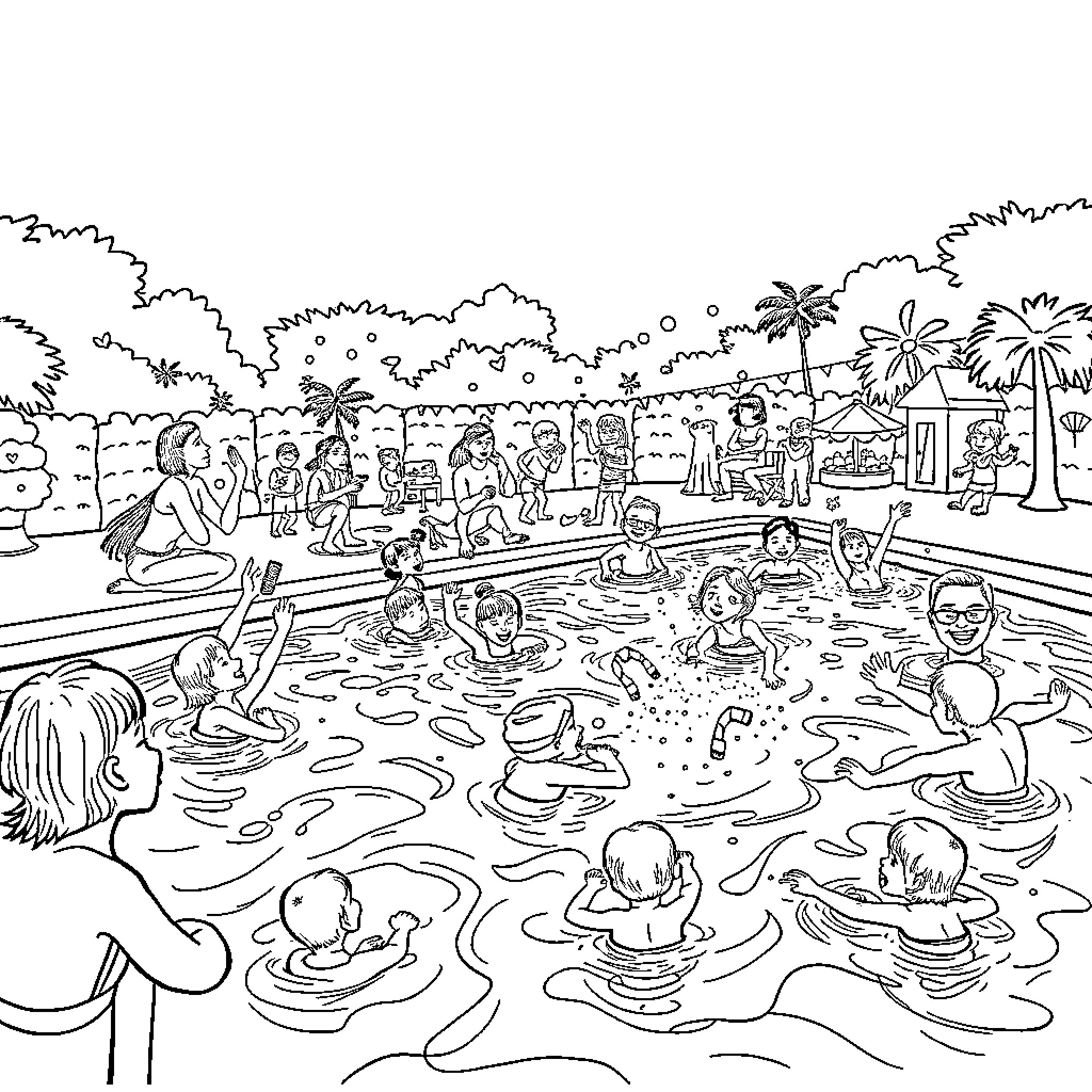 Pool Party with People Enjoying the Water Coloring Page (free black-and-white line drawing printable PDF for all, from beginners to advanced learners, including children, teens, adults, and seniors)