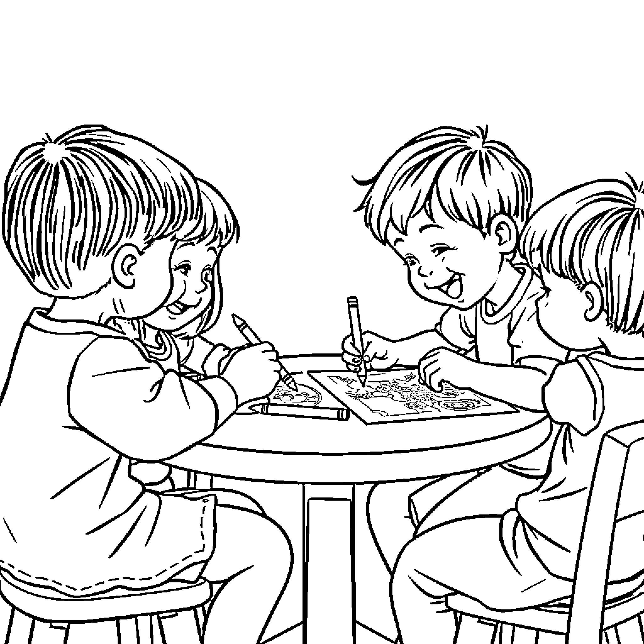 Kids enjoying art project together Coloring Page (free black-and-white line drawing printable PDF for all, from beginners to advanced learners, including children, teens, adults, and seniors)