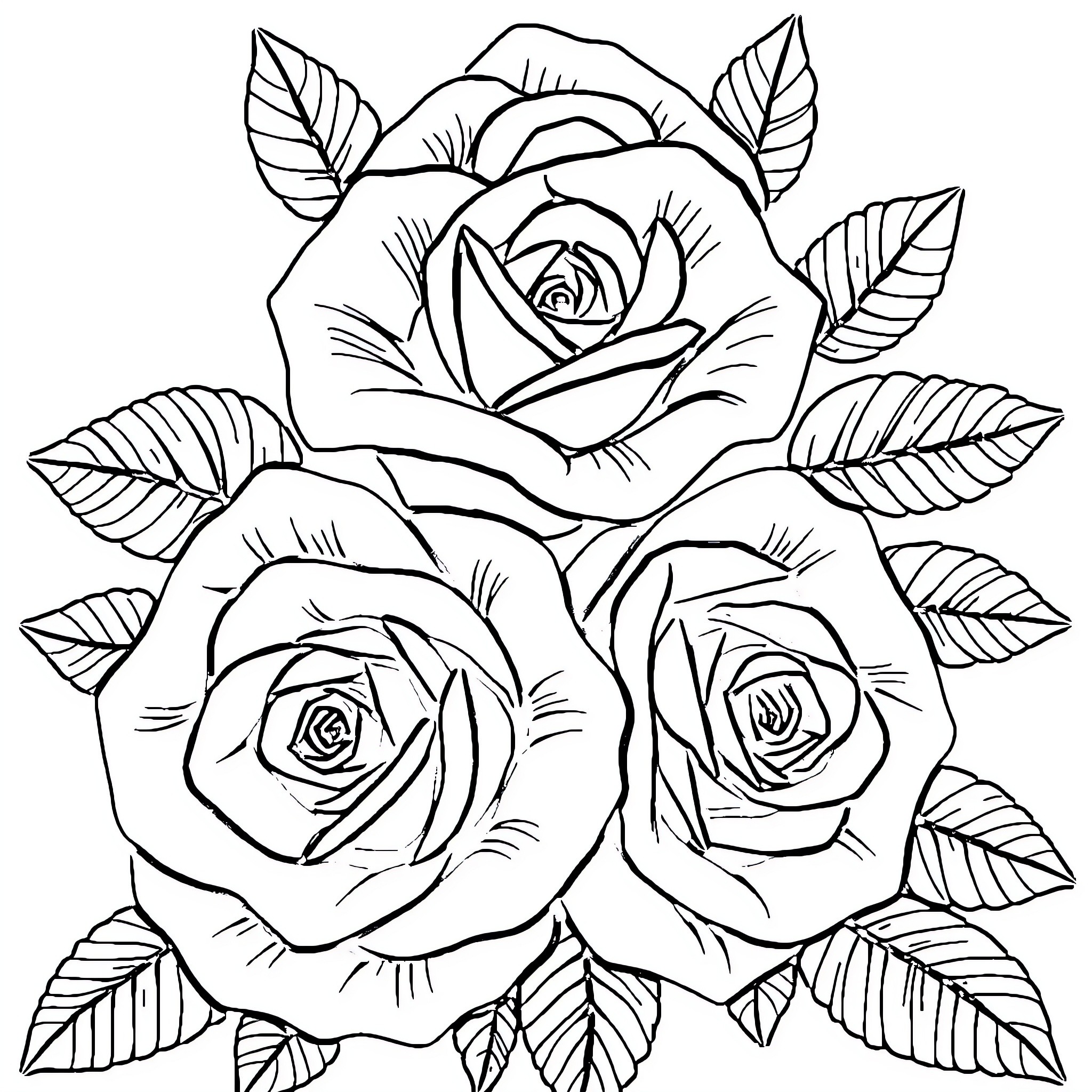Rose Bouquet with Detailed Floral Design Coloring Page (free black-and-white line drawing printable PDF for all, from beginners to advanced learners, including children, teens, adults, and seniors)