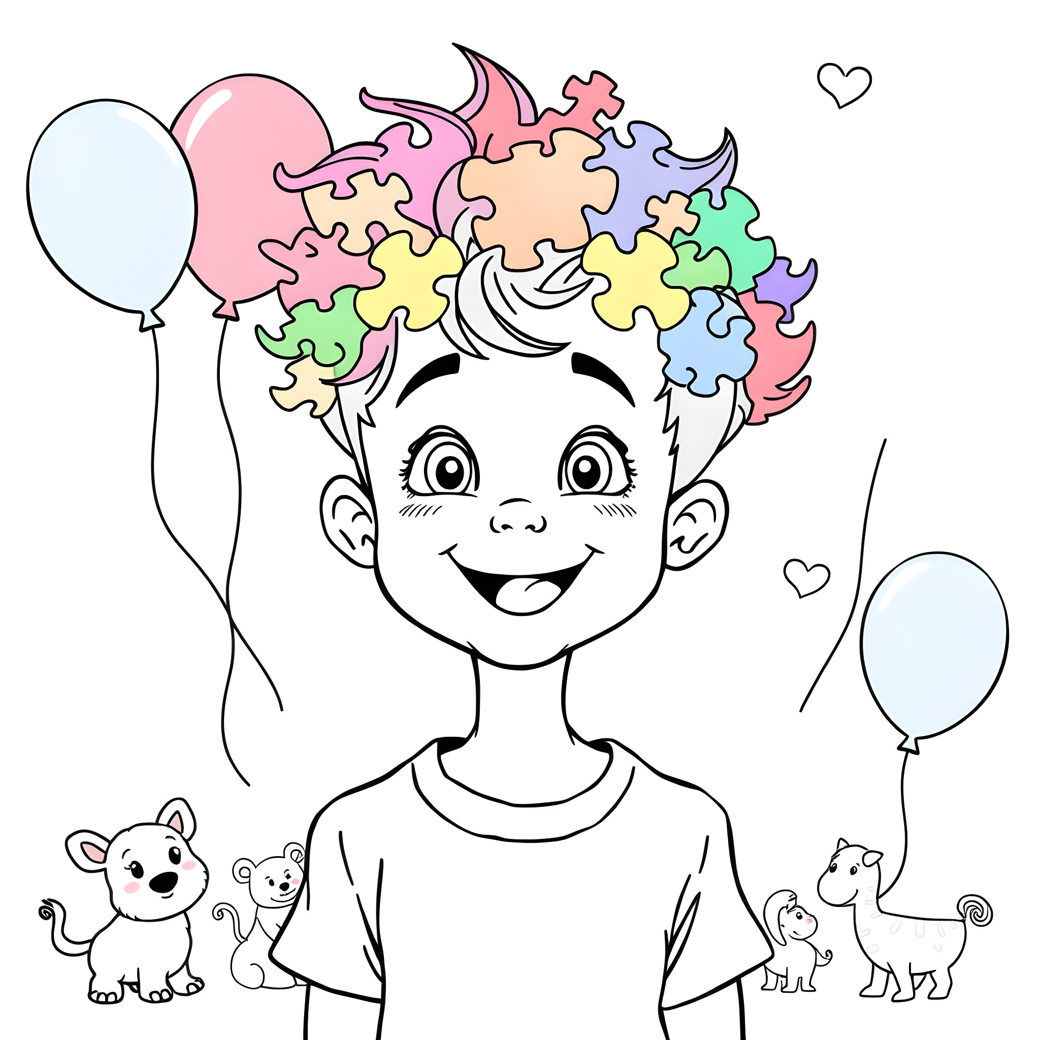 Boy with joyful rainbow-colored hair and balloons Coloring Page (free black-and-white line drawing printable PDF for all, from beginners to advanced learners, including children, teens, adults, and seniors)