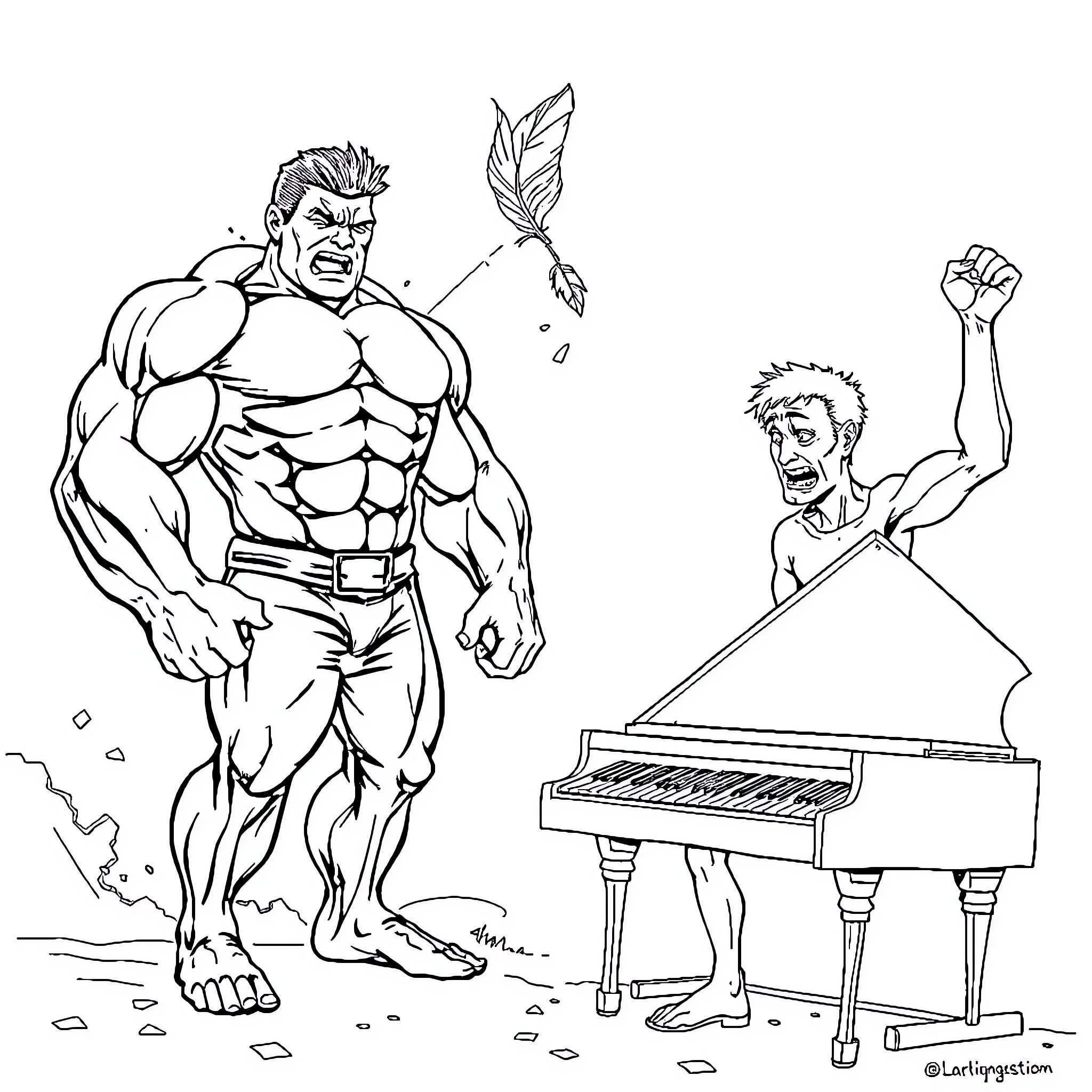 Guy Muscular Hero Facing Aggressive Man at Piano Coloring Page (free black-and-white line drawing printable PDF for all, from beginners to advanced learners, including children, teens, adults, and seniors)