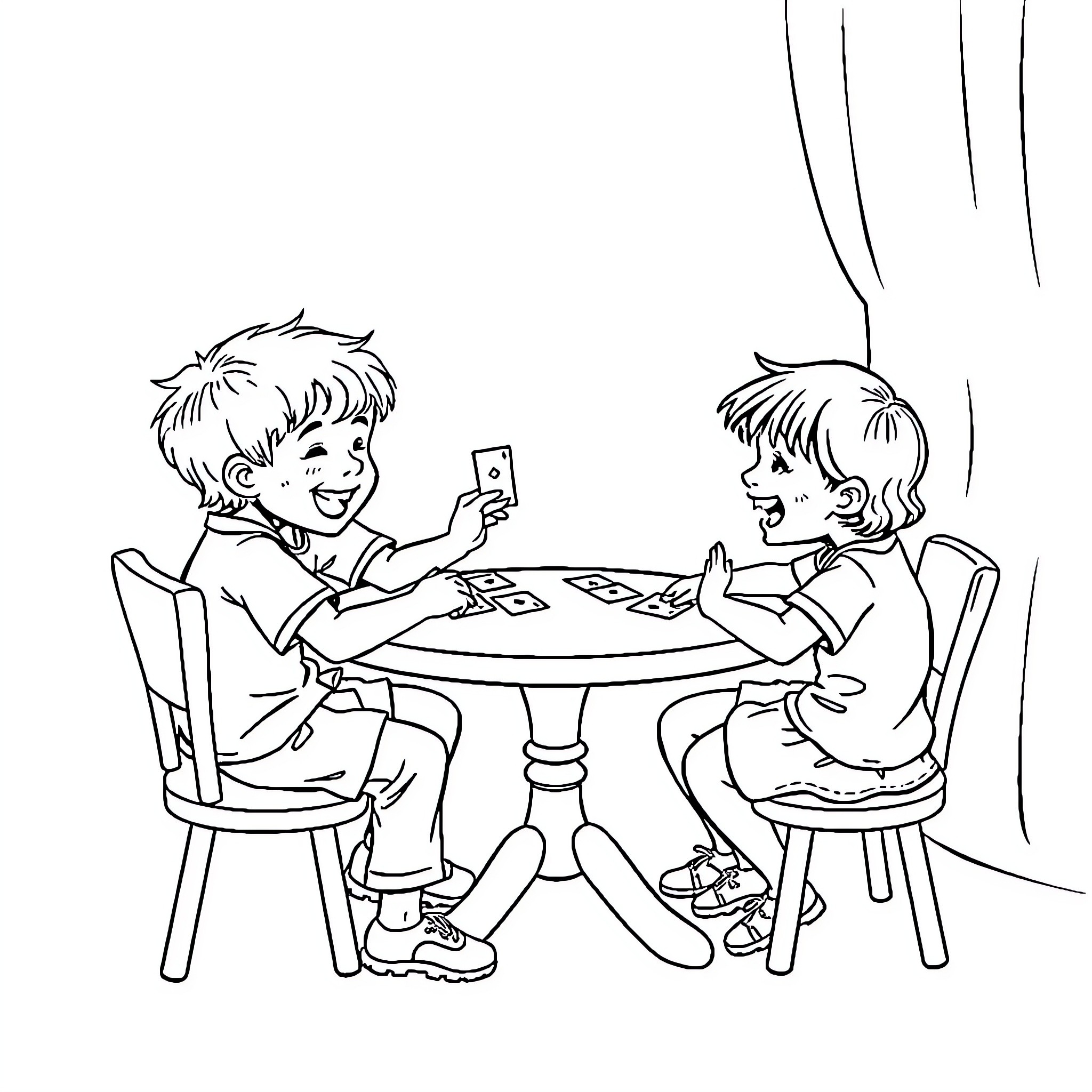 Child playing a game at the table Coloring Page (free black-and-white line drawing printable PDF for all, from beginners to advanced learners, including children, teens, adults, and seniors)
