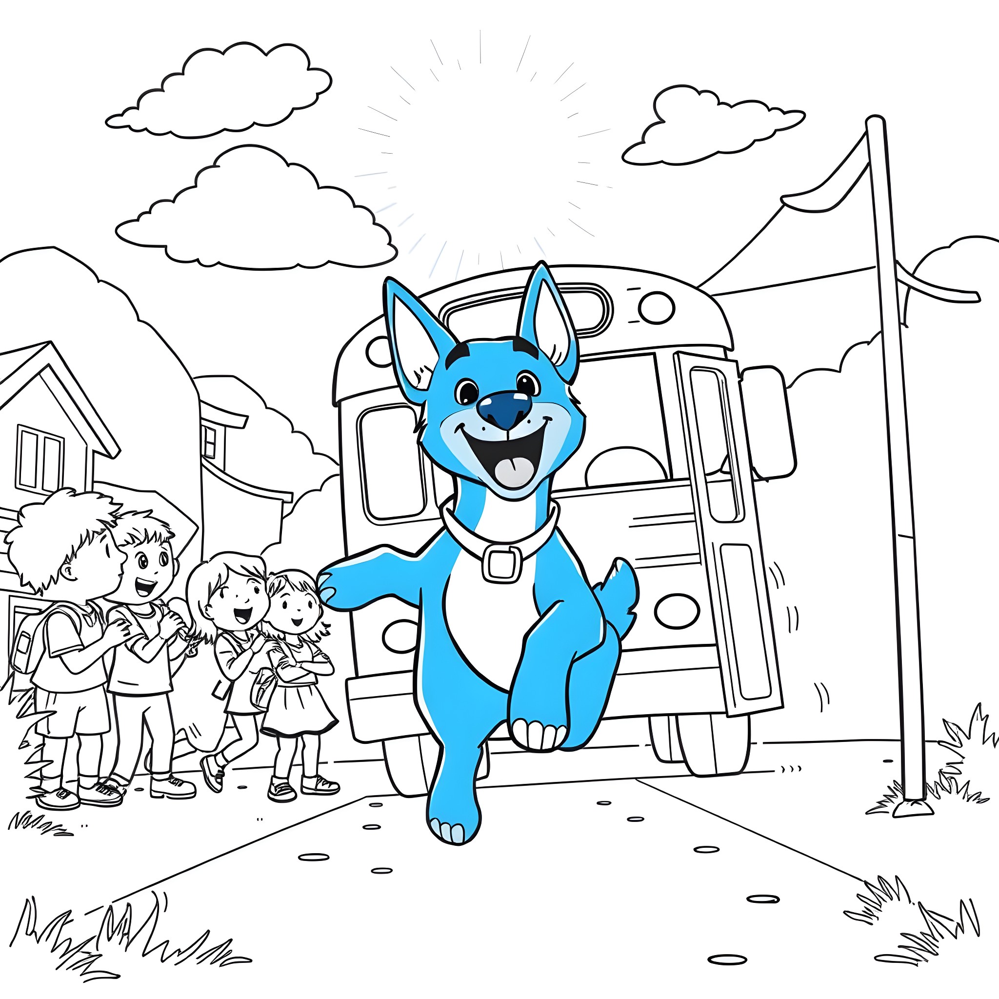 Bluey's Friendly Greeting at the Bus Stop Coloring Page (free black-and-white line drawing printable PDF for all, from beginners to advanced learners, including children, teens, adults, and seniors)