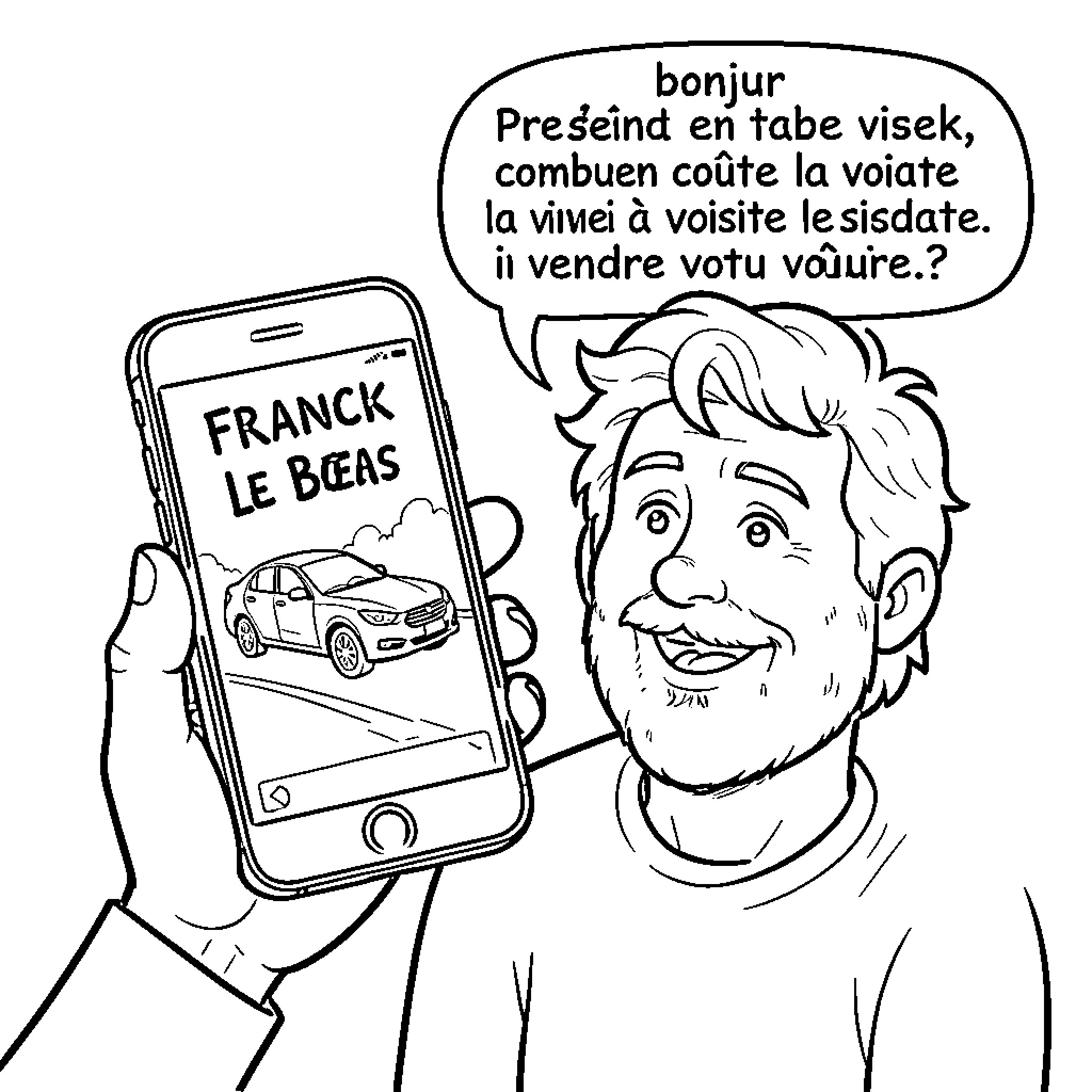 Franck smiling while holding a phone with a car Coloring Page (free black-and-white line drawing printable PDF for all, from beginners to advanced learners, including children, teens, adults, and seniors)