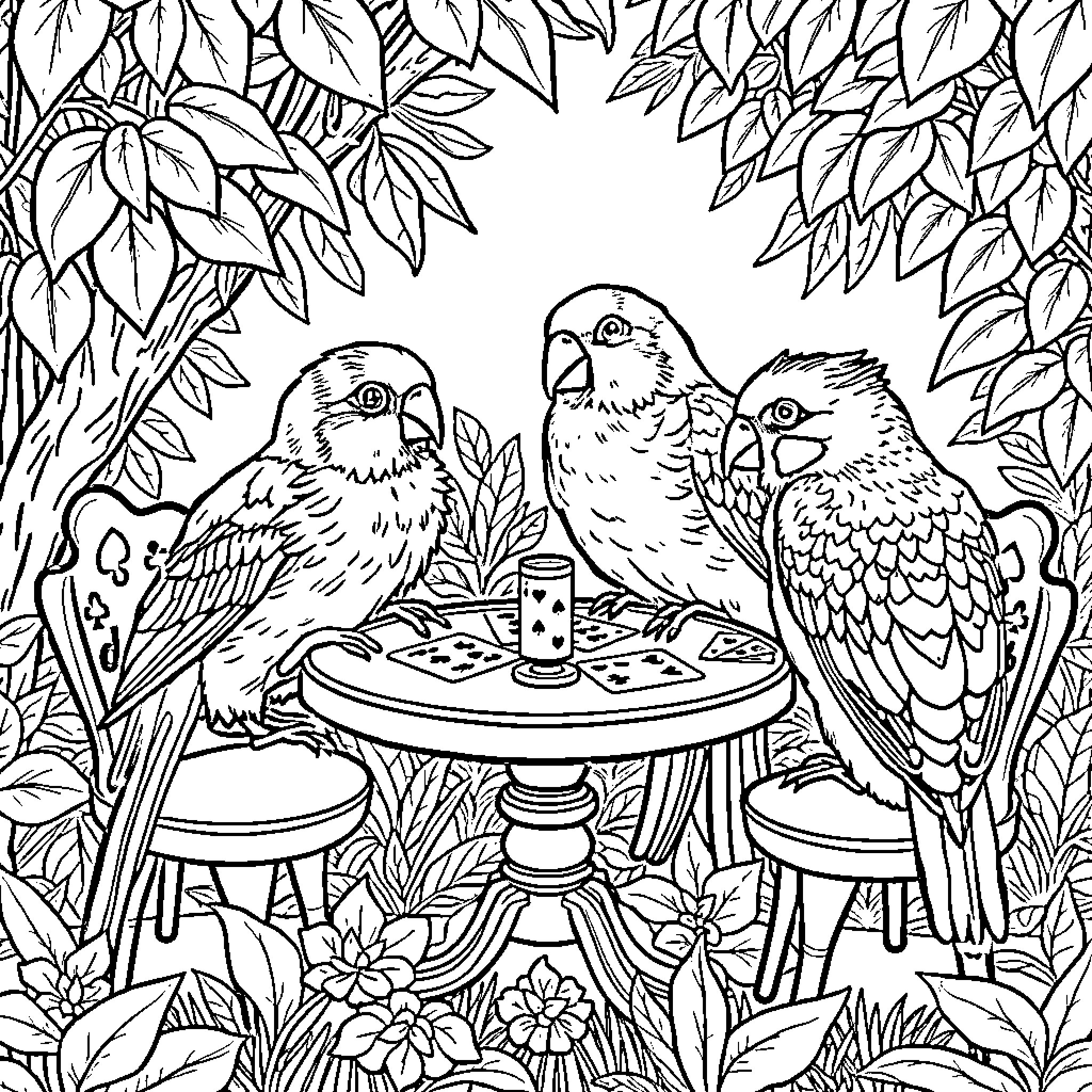 Birds Chatting Happily in Lush Foliage Coloring Page (free black-and-white line drawing printable PDF for all, from beginners to advanced learners, including children, teens, adults, and seniors)
