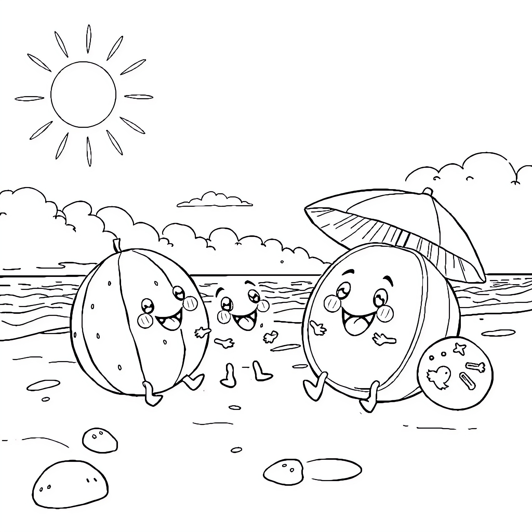 Cocomelon characters having fun at the beach Coloring Page (free black-and-white line drawing printable PDF for all, from beginners to advanced learners, including children, teens, adults, and seniors)