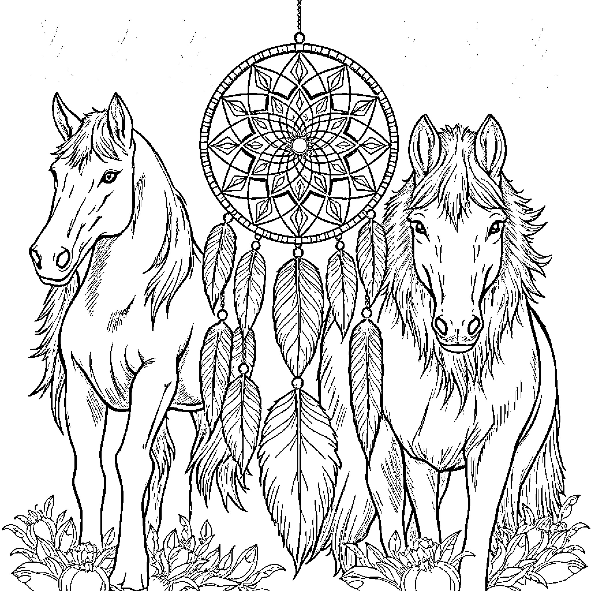 Dream Catcher Featuring Majestic Horses and Intricate Patterns Coloring Page (free black-and-white line drawing printable PDF for all, from beginners to advanced learners, including children, teens, adults, and seniors)