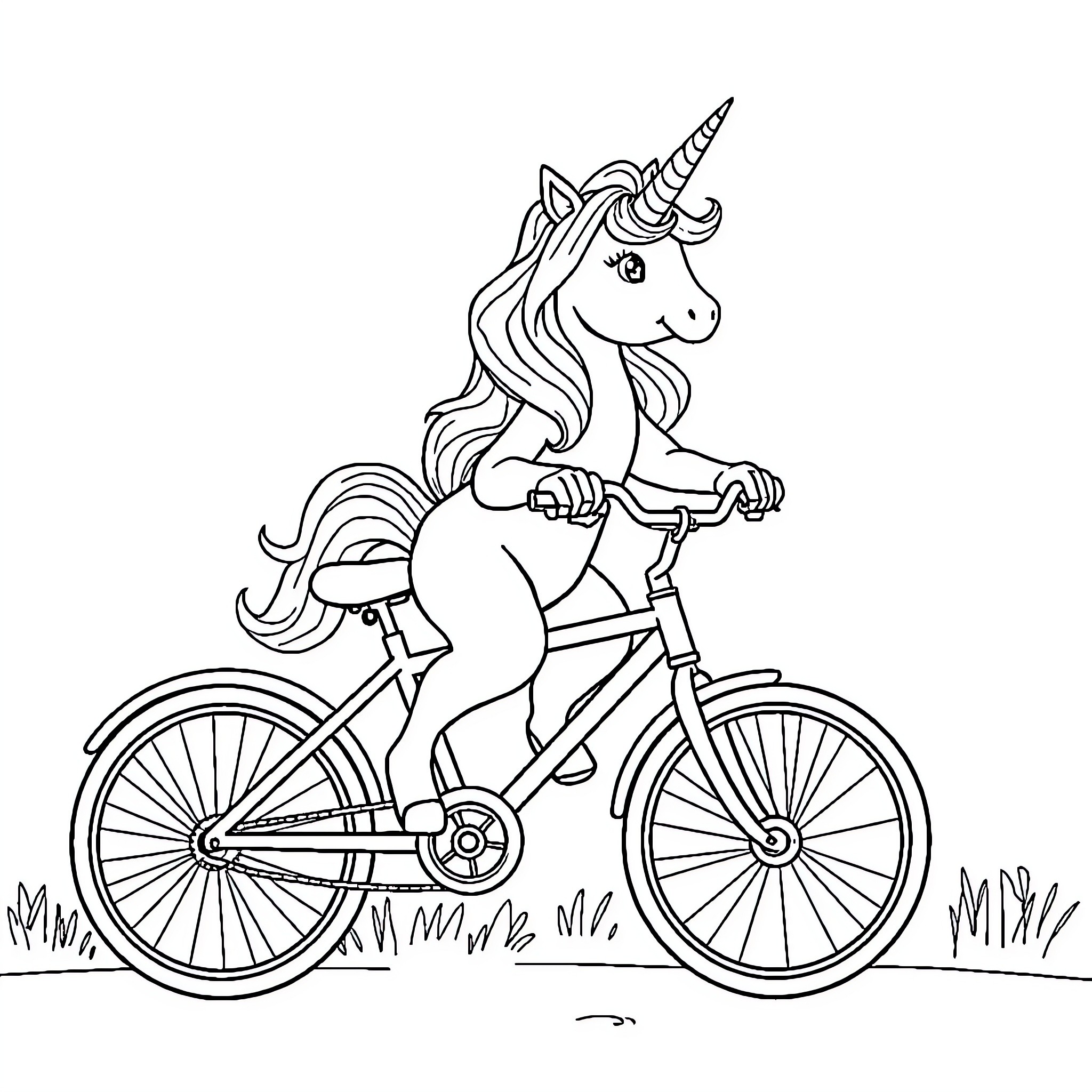 Unicorn riding a bicycle in the outdoors Coloring Page (free black-and-white line drawing printable PDF for all, from beginners to advanced learners, including children, teens, adults, and seniors)