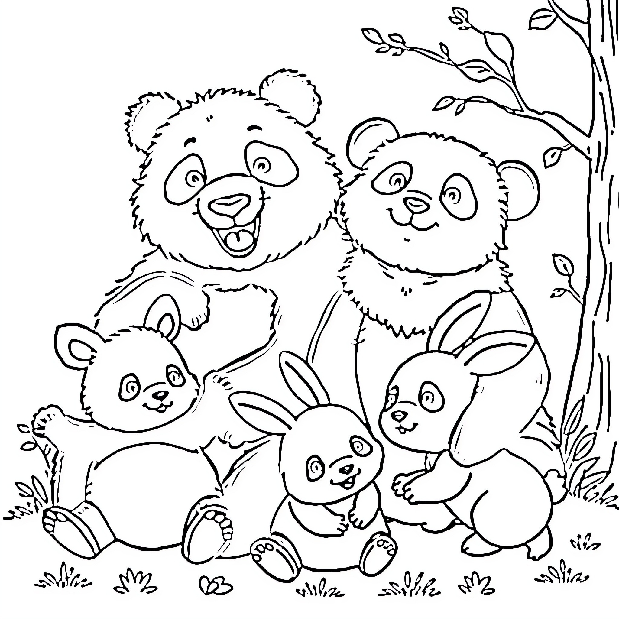 Panda family playing in the forest Coloring Page (free black-and-white line drawing printable PDF for all, from beginners to advanced learners, including children, teens, adults, and seniors)