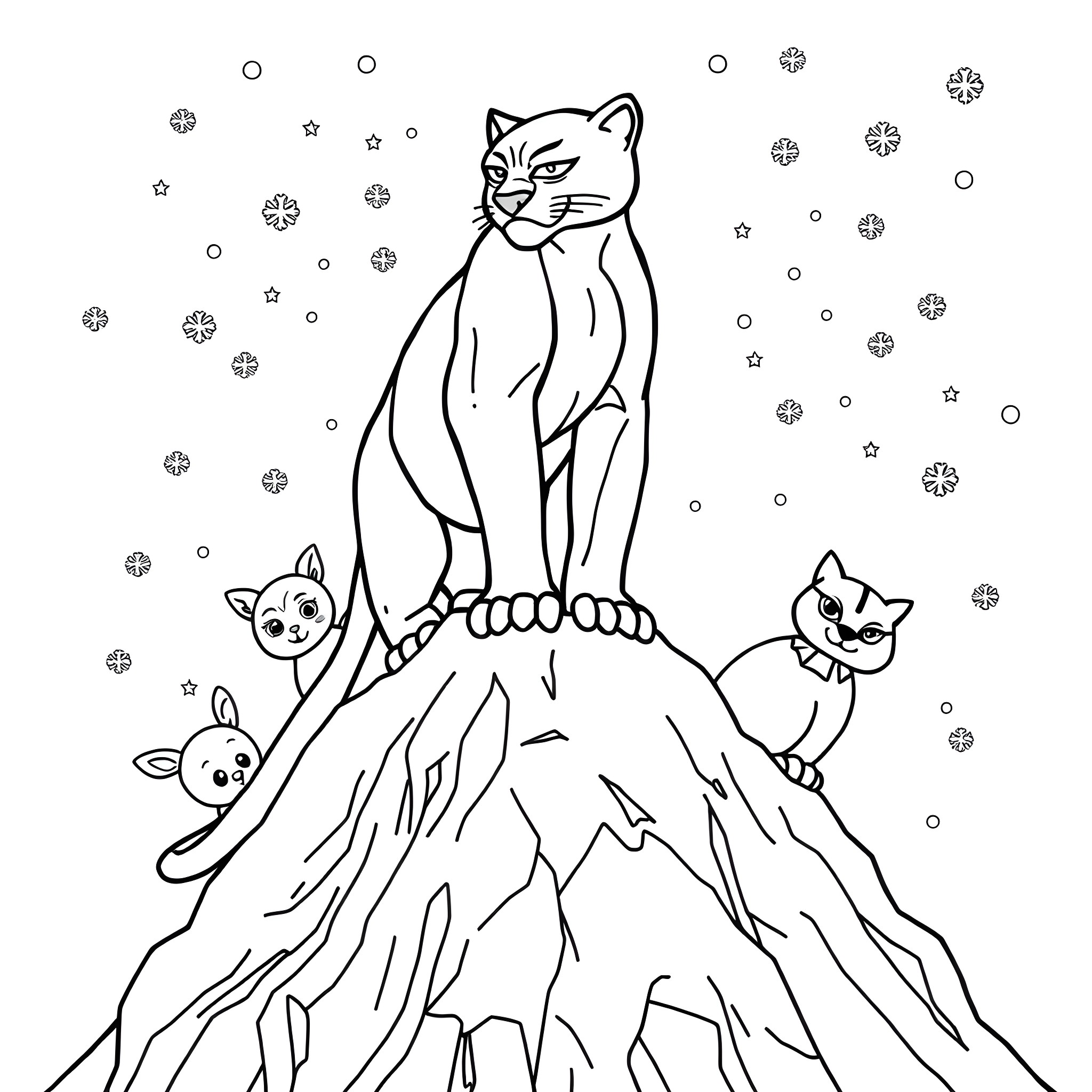 Black Panther and Kittens Exploring a Snowy Landscape Coloring Page (free black-and-white line drawing printable PDF for all, from beginners to advanced learners, including children, teens, adults, and seniors)