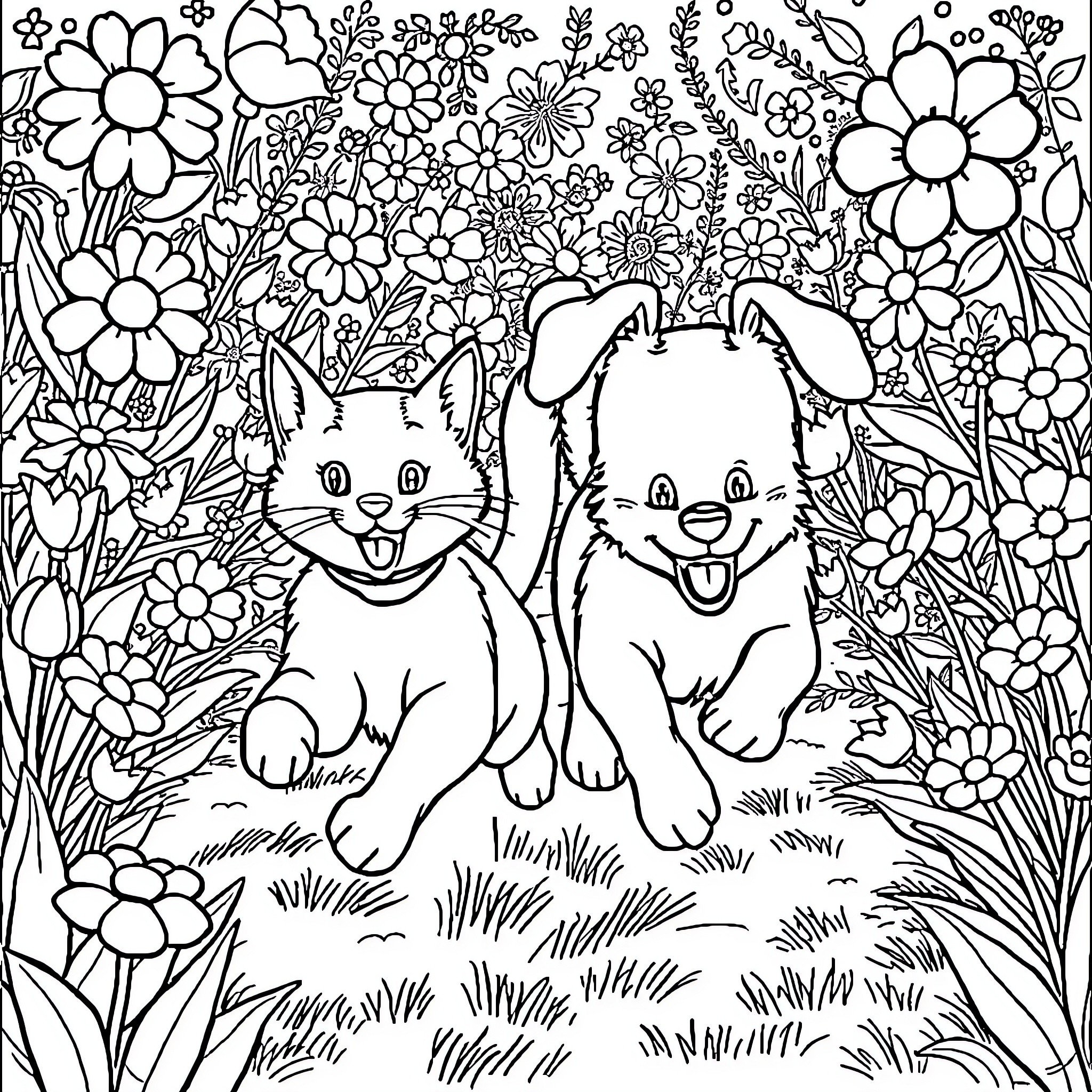Cat and Dog playing joyfully in a floral garden Coloring Page (free black-and-white line drawing printable PDF for all, from beginners to advanced learners, including children, teens, adults, and seniors)