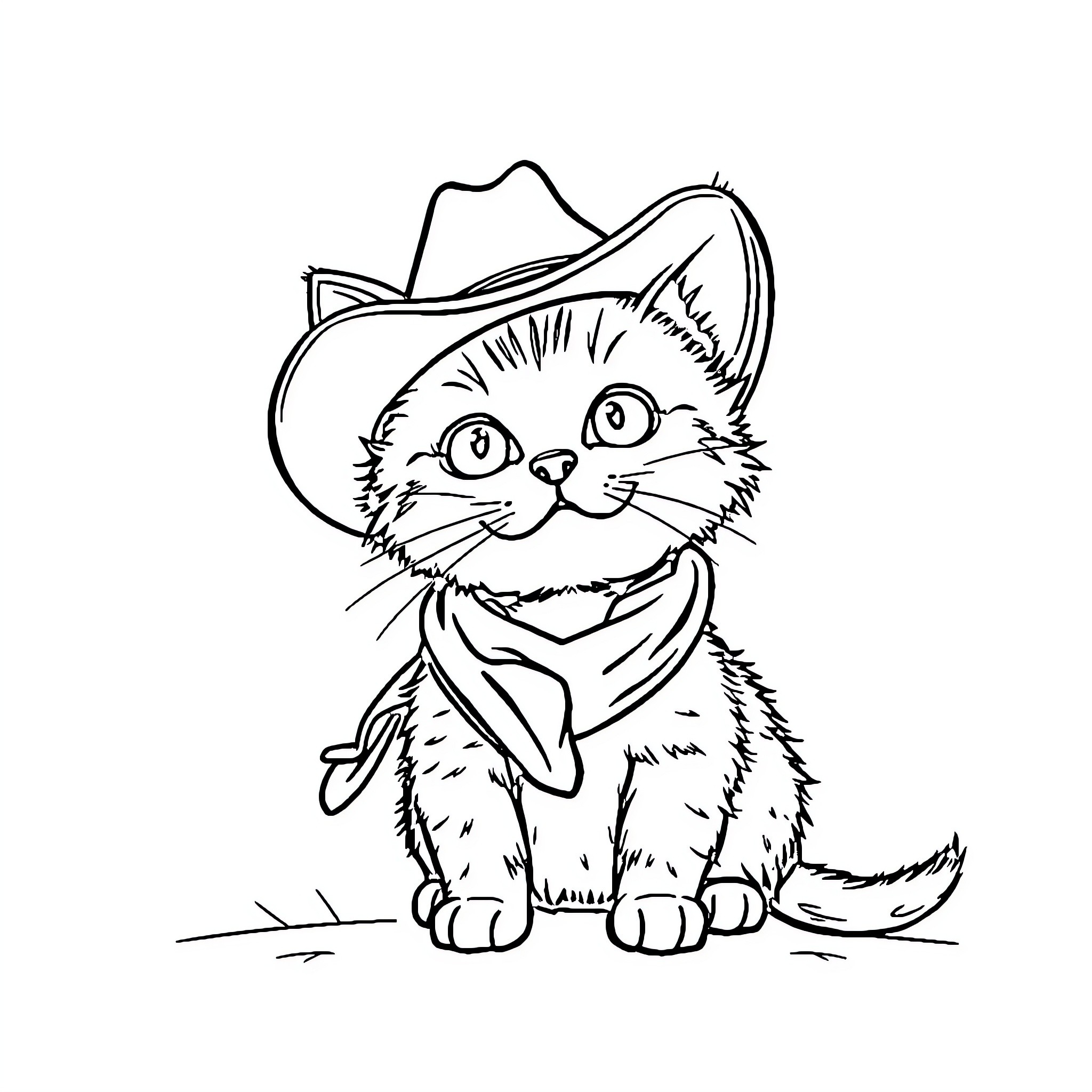 Kitten wearing a cowboy hat Coloring Page (free black-and-white line drawing printable PDF for all, from beginners to advanced learners, including children, teens, adults, and seniors)