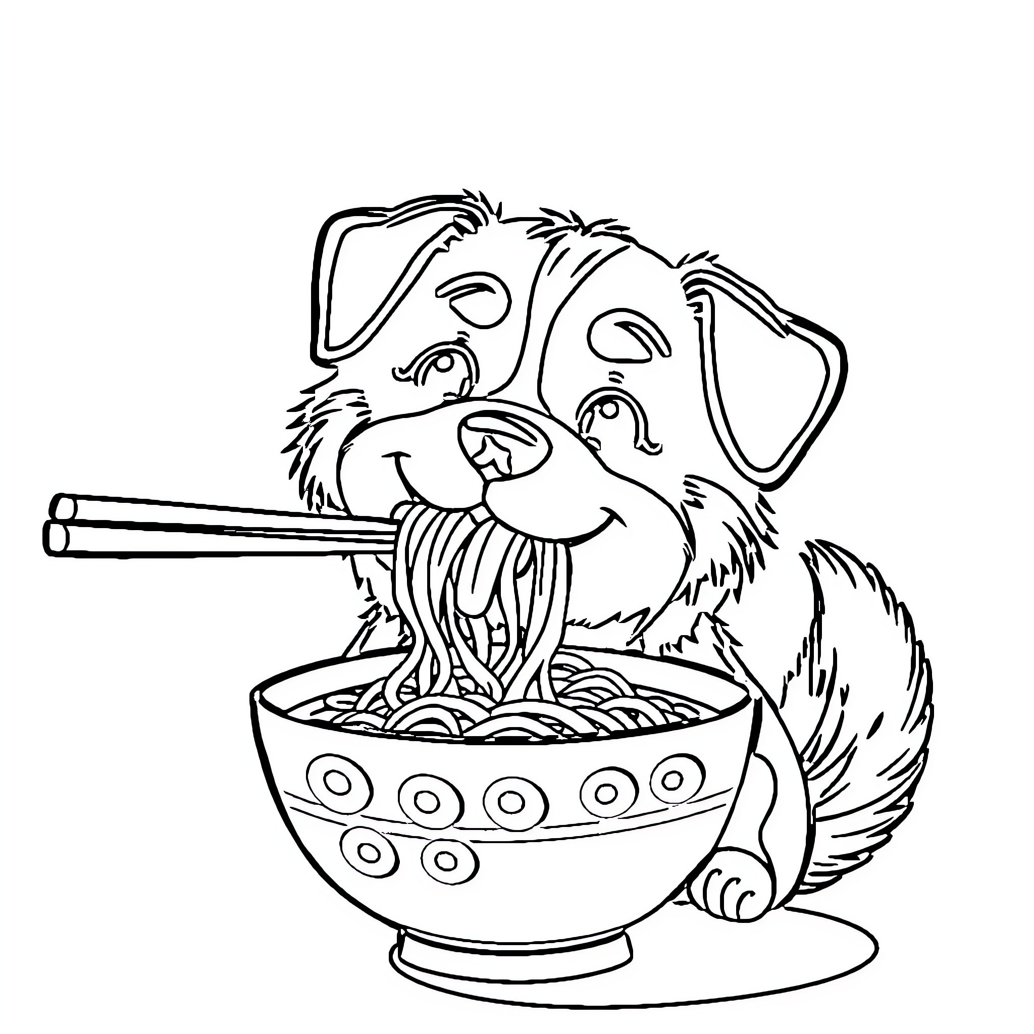 Dog enjoying a bowl of noodles Coloring Page (free black-and-white line drawing printable PDF for all, from beginners to advanced learners, including children, teens, adults, and seniors)