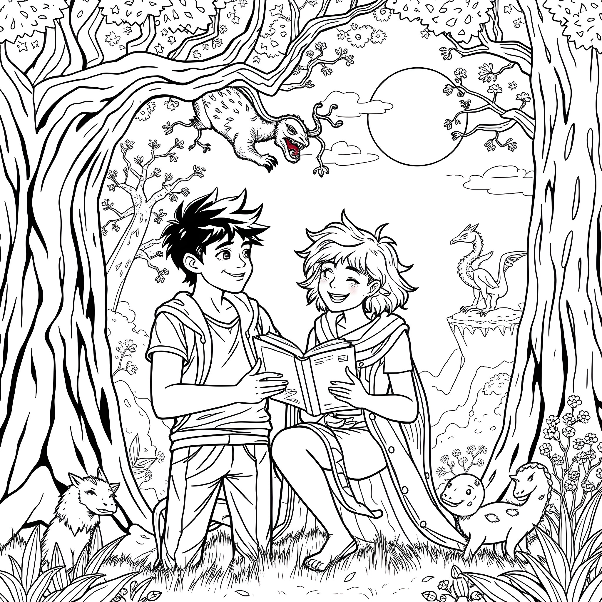 Percy Jackson and friends explore a magical forest Coloring Page (free black-and-white line drawing printable PDF for all, from beginners to advanced learners, including children, teens, adults, and seniors)