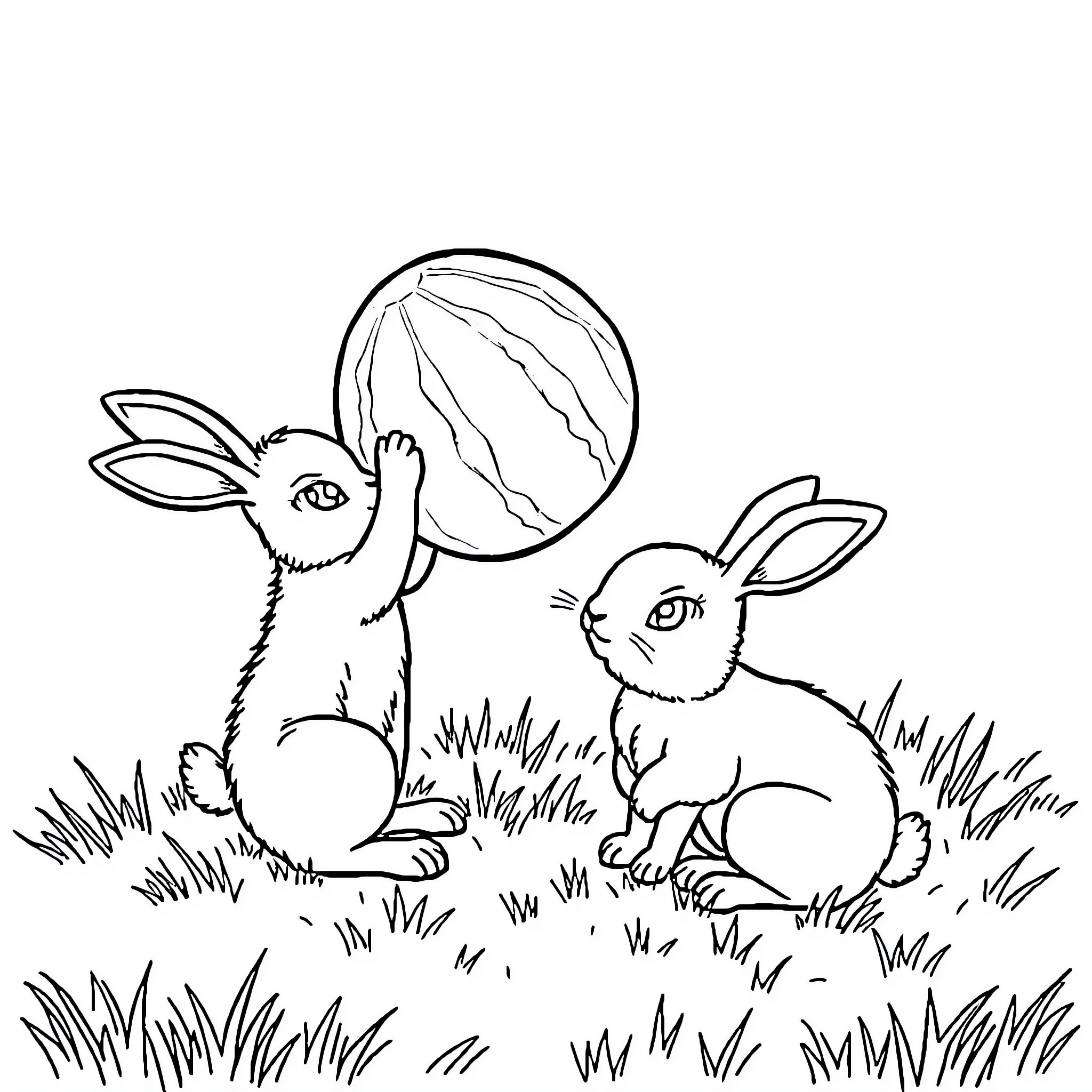 Bunnies playing in the grass field Coloring Page (free black-and-white line drawing printable PDF for all, from beginners to advanced learners, including children, teens, adults, and seniors)