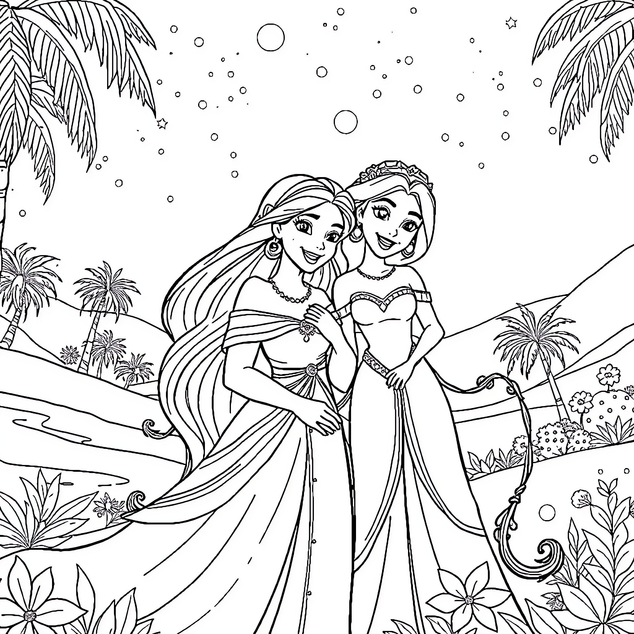Queen's Joyful Sisterly Embrace in Tropical Paradise Coloring Page (free black-and-white line drawing printable PDF for all, from beginners to advanced learners, including children, teens, adults, and seniors)