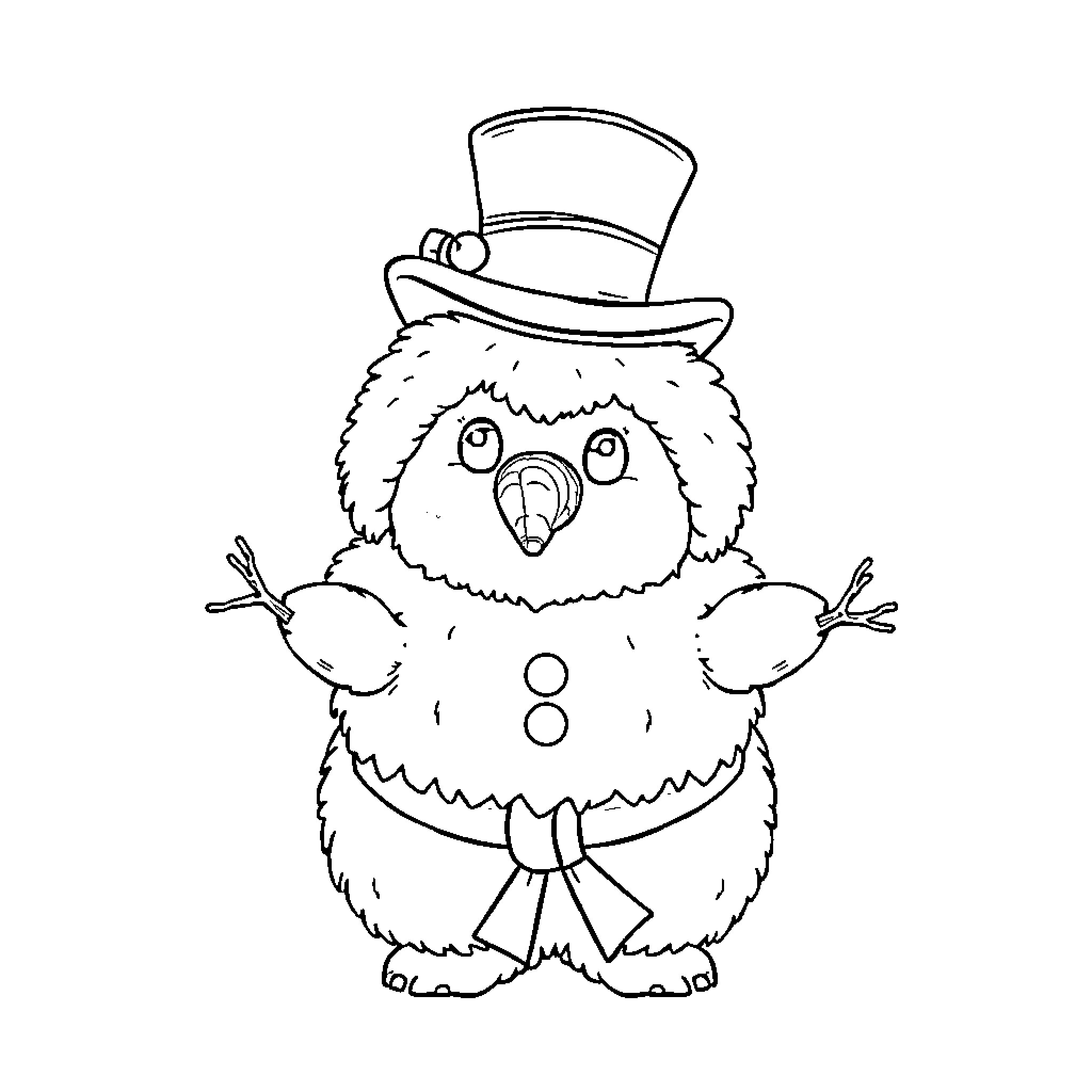 Labubu the Cute Snowman in Top Hat Coloring Page (free black-and-white line drawing printable PDF for all, from beginners to advanced learners, including children, teens, adults, and seniors)