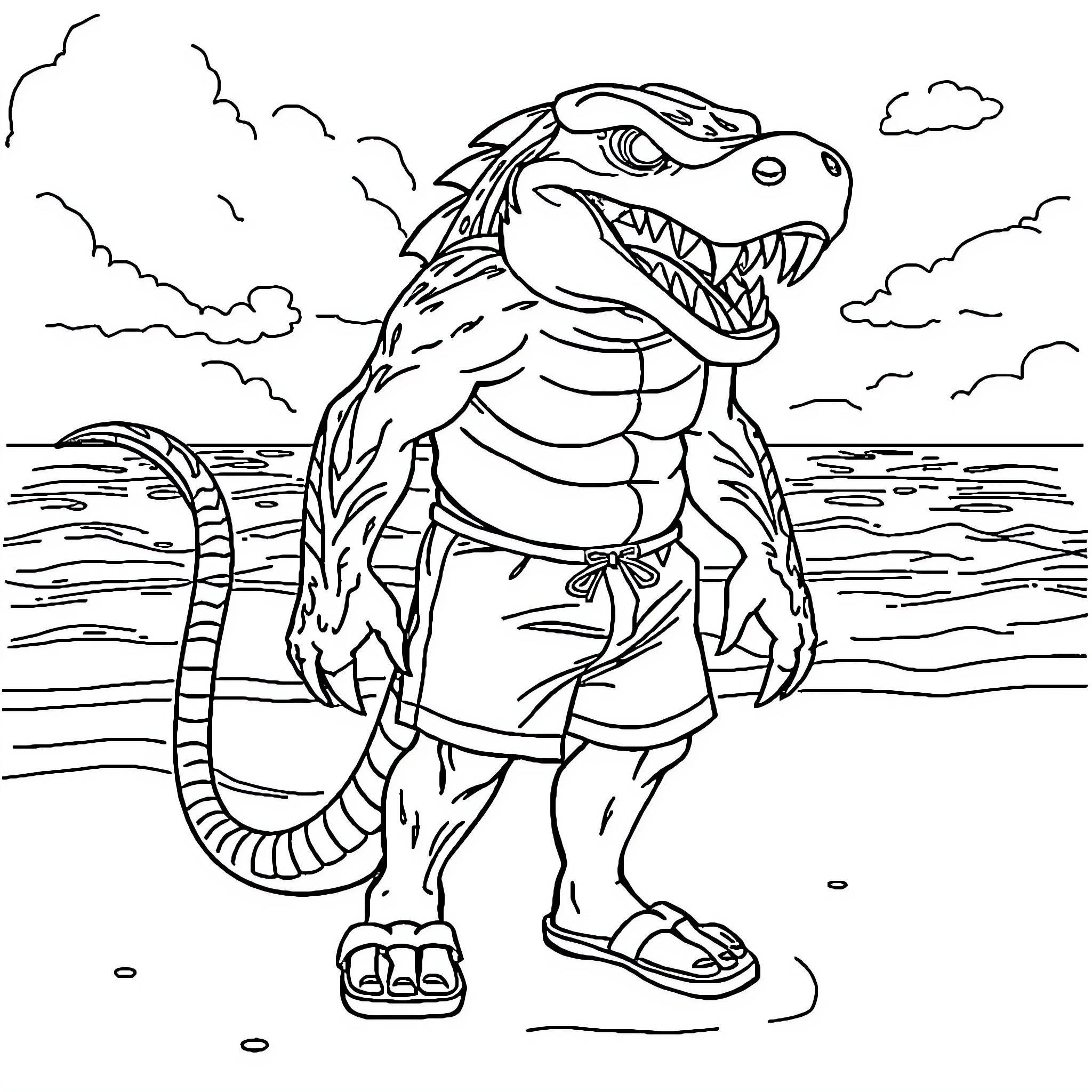 Predator reptilian creature on a tropical beach Coloring Page (free black-and-white line drawing printable PDF for all, from beginners to advanced learners, including children, teens, adults, and seniors)