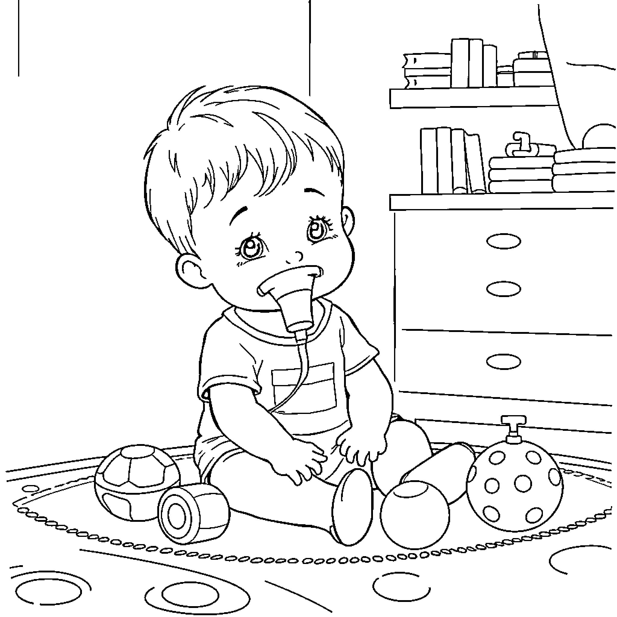 Child playing with toys in bedroom Coloring Page (free black-and-white line drawing printable PDF for all, from beginners to advanced learners, including children, teens, adults, and seniors)