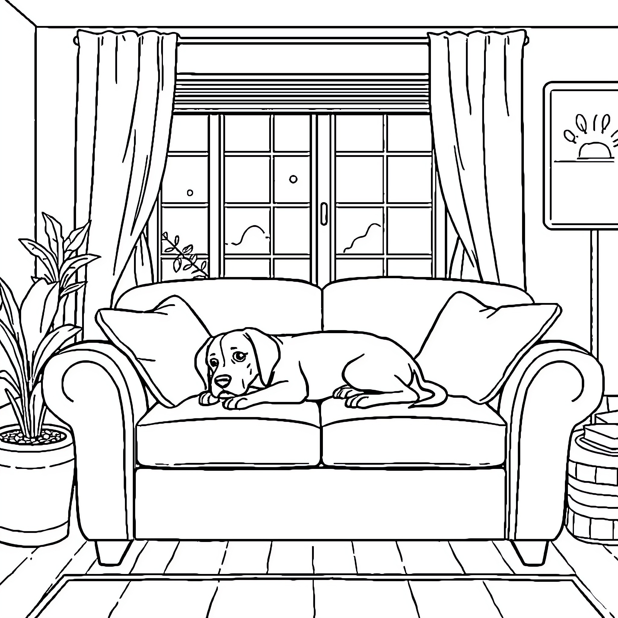 Woman resting with her pet dog on the couch Coloring Page (free black-and-white line drawing printable PDF for all, from beginners to advanced learners, including children, teens, adults, and seniors)