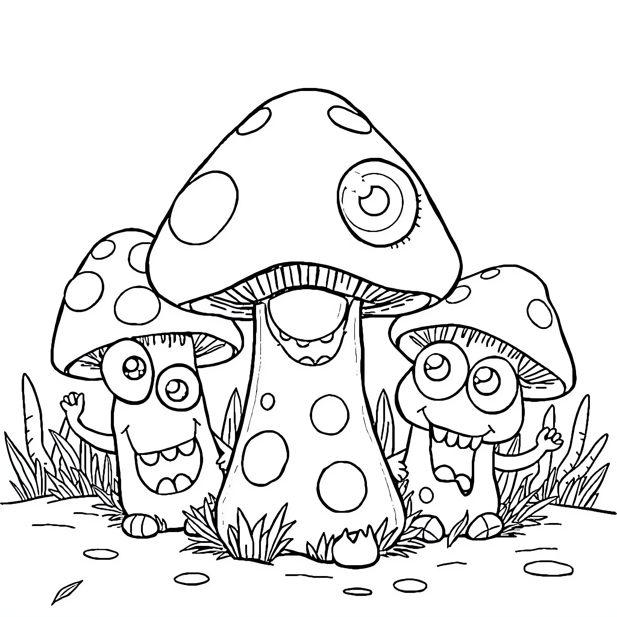 Mushroom Friends in a Whimsical Forest Scene Coloring Page (free black-and-white line drawing printable PDF for all, from beginners to advanced learners, including children, teens, adults, and seniors)
