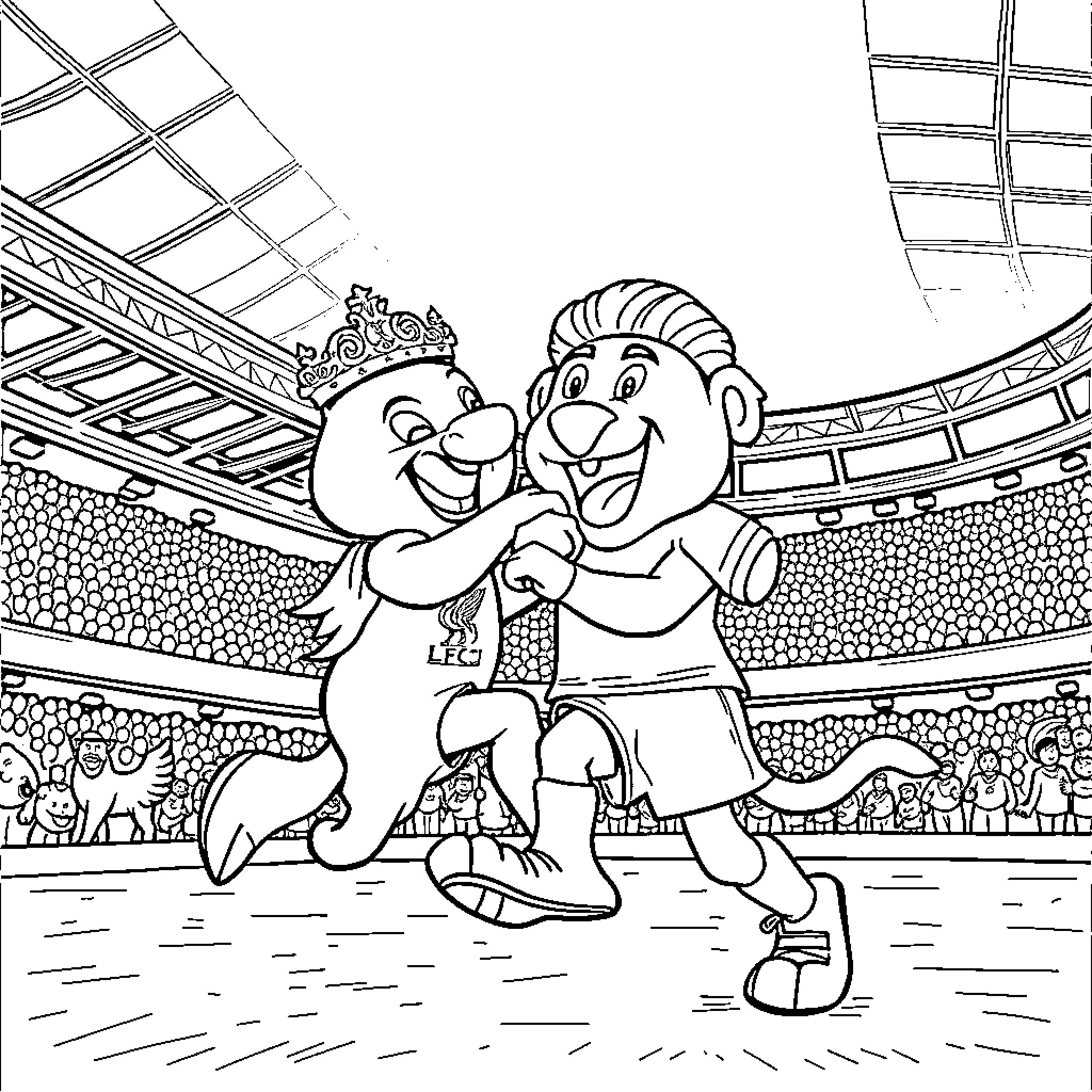 Mascot Celebrating and Entertaining Crowd in Stadium Coloring Page (free black-and-white line drawing printable PDF for all, from beginners to advanced learners, including children, teens, adults, and seniors)