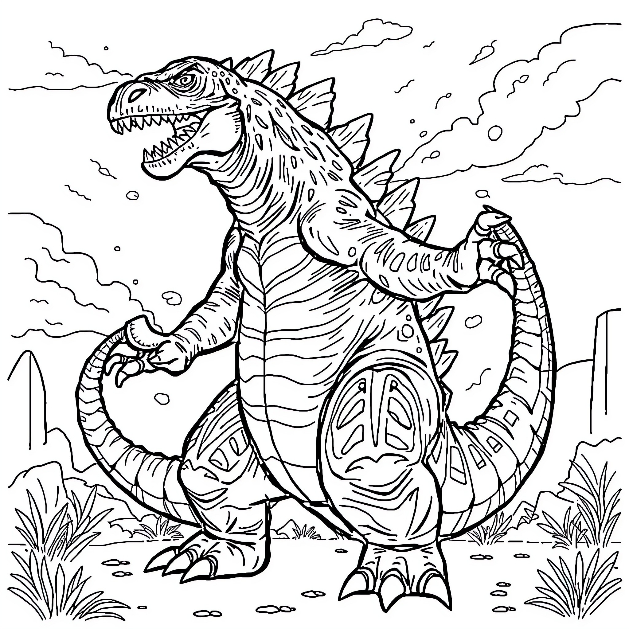Godzilla in a Fierce Pose against the Landscape Coloring Page (free black-and-white line drawing printable PDF for all, from beginners to advanced learners, including children, teens, adults, and seniors)