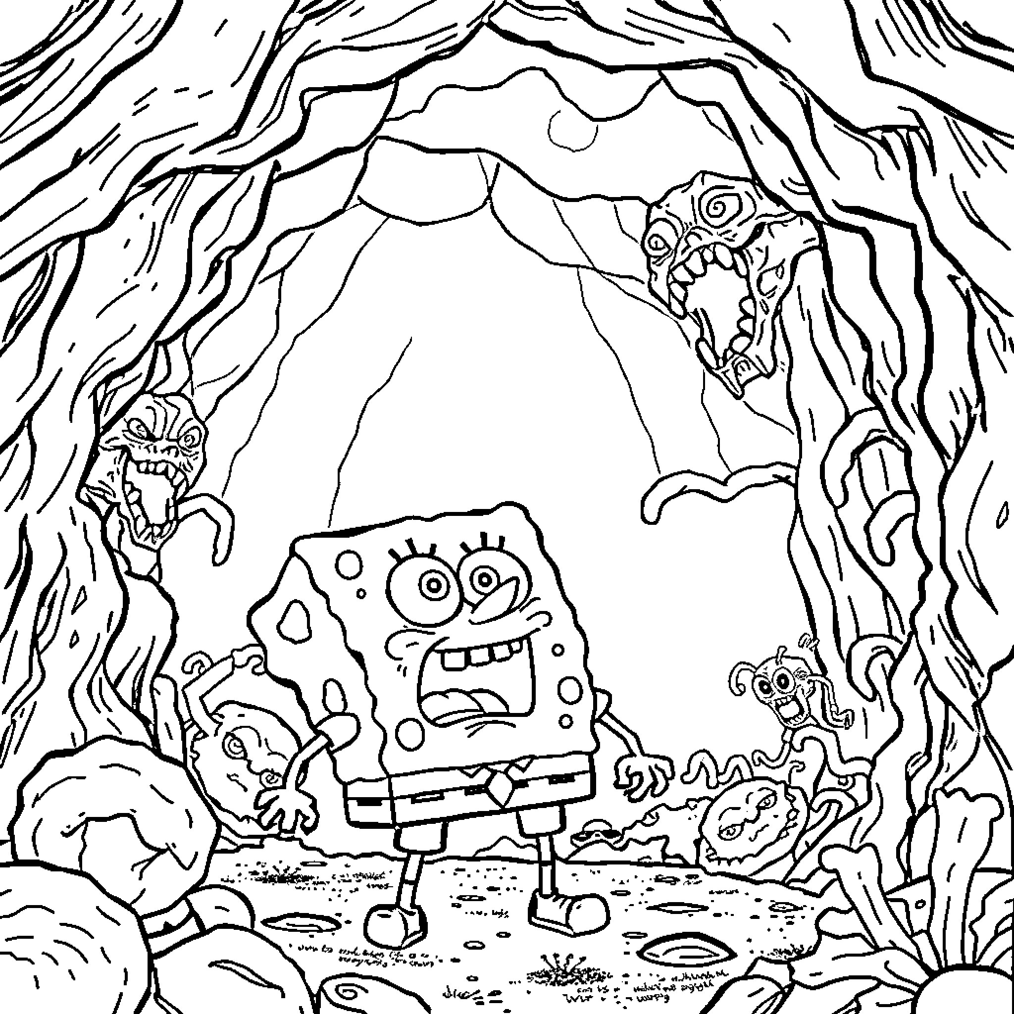 Spongebob's Spooky Adventure in the Enchanted Forest Coloring Page (free black-and-white line drawing printable PDF for all, from beginners to advanced learners, including children, teens, adults, and seniors)