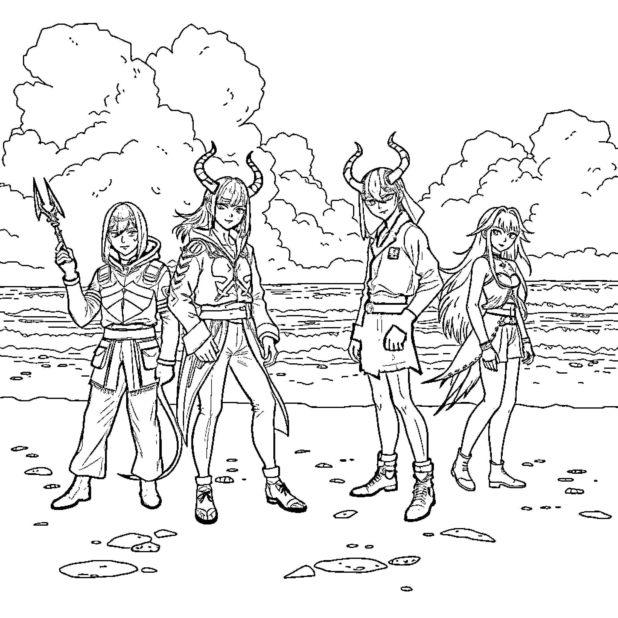 Demon Hunter Quartet on a Mystical Quest Coloring Page (free black-and-white line drawing printable PDF for all, from beginners to advanced learners, including children, teens, adults, and seniors)
