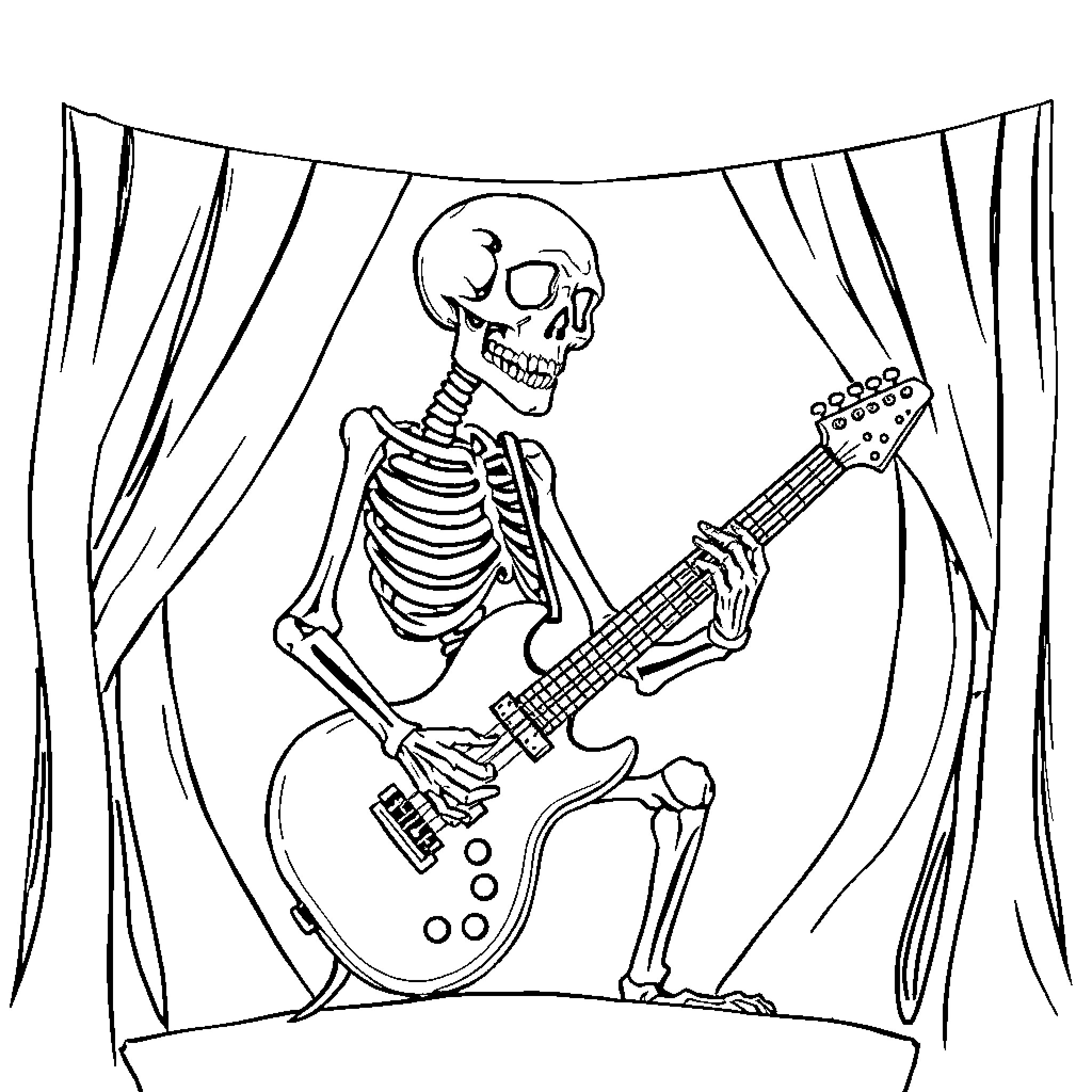 Skeleton playing electric guitar on stage Coloring Page (free black-and-white line drawing printable PDF for all, from beginners to advanced learners, including children, teens, adults, and seniors)