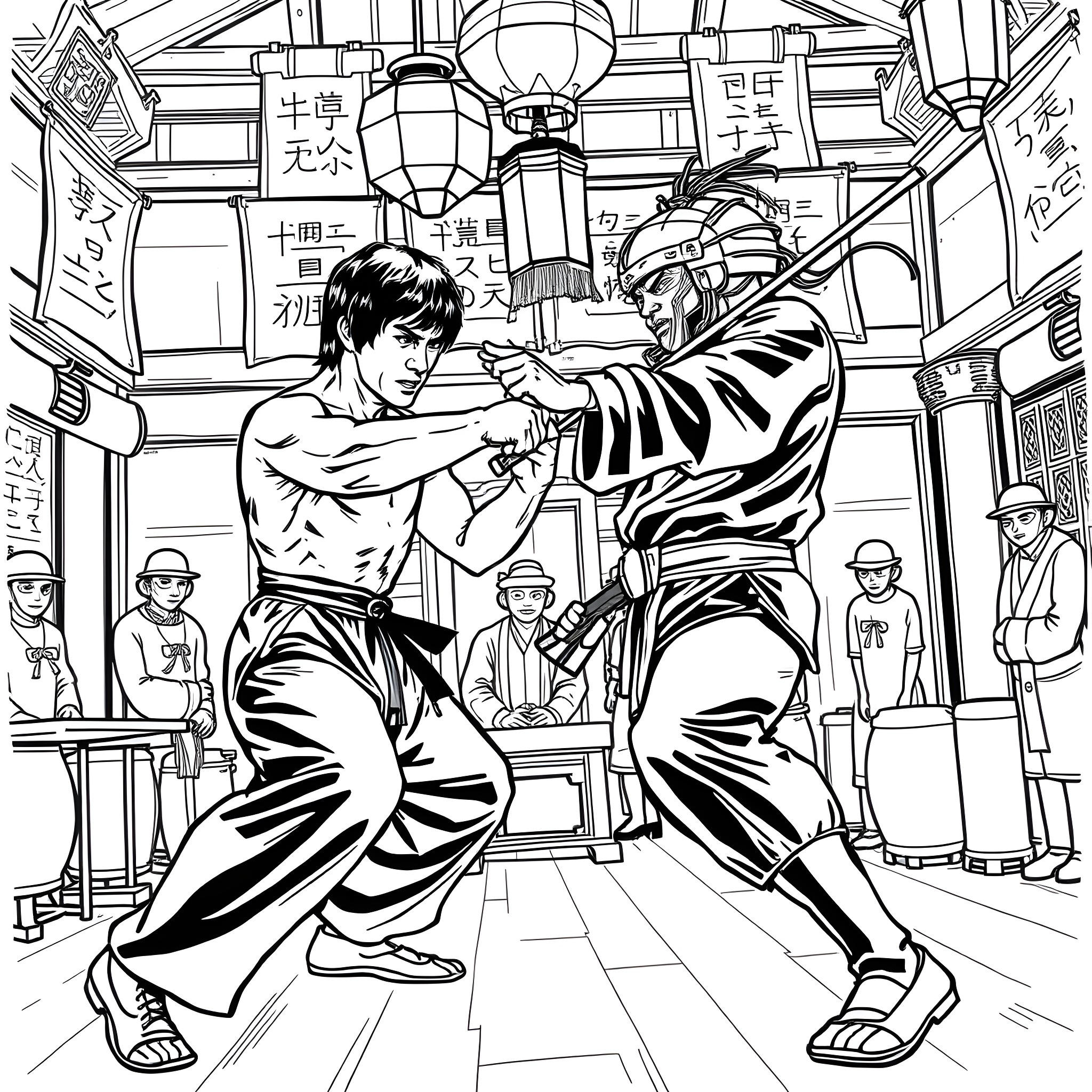 Bruce Lee fighting in a traditional Chinese setting Coloring Page (free black-and-white line drawing printable PDF for all, from beginners to advanced learners, including children, teens, adults, and seniors)