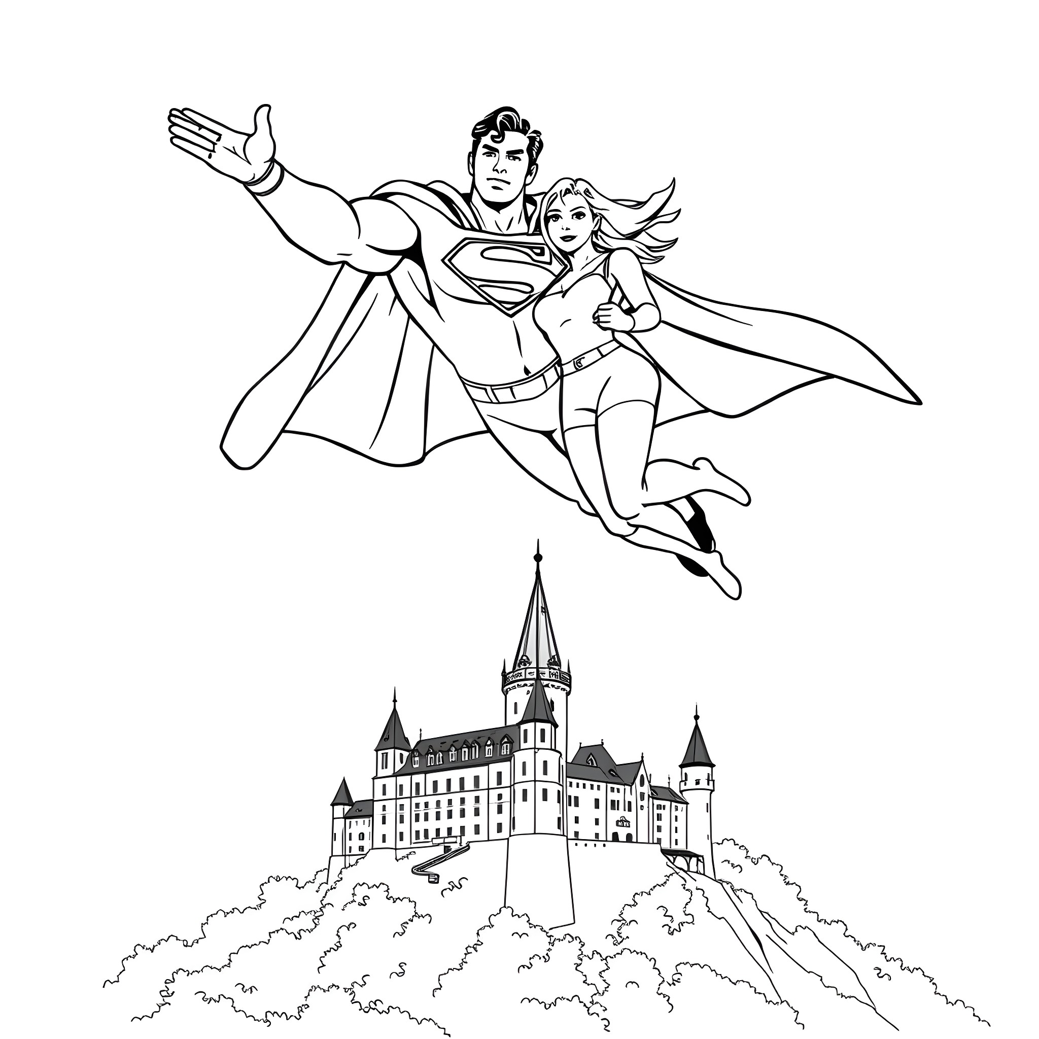 Superman and Wonder Woman soaring above a castle Coloring Page (free black-and-white line drawing printable PDF for all, from beginners to advanced learners, including children, teens, adults, and seniors)