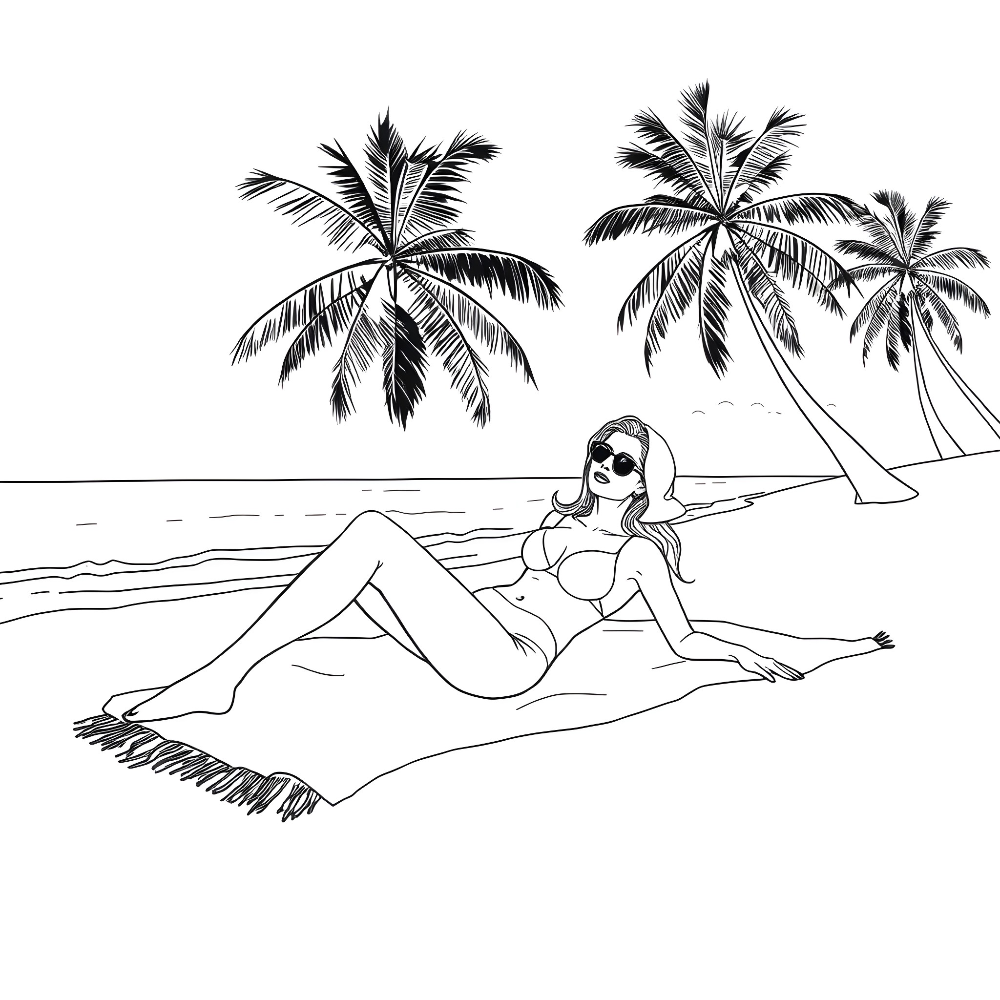 Salma Hayek relaxing on tropical beach with palm trees Coloring Page (free black-and-white line drawing printable PDF for all, from beginners to advanced learners, including children, teens, adults, and seniors)