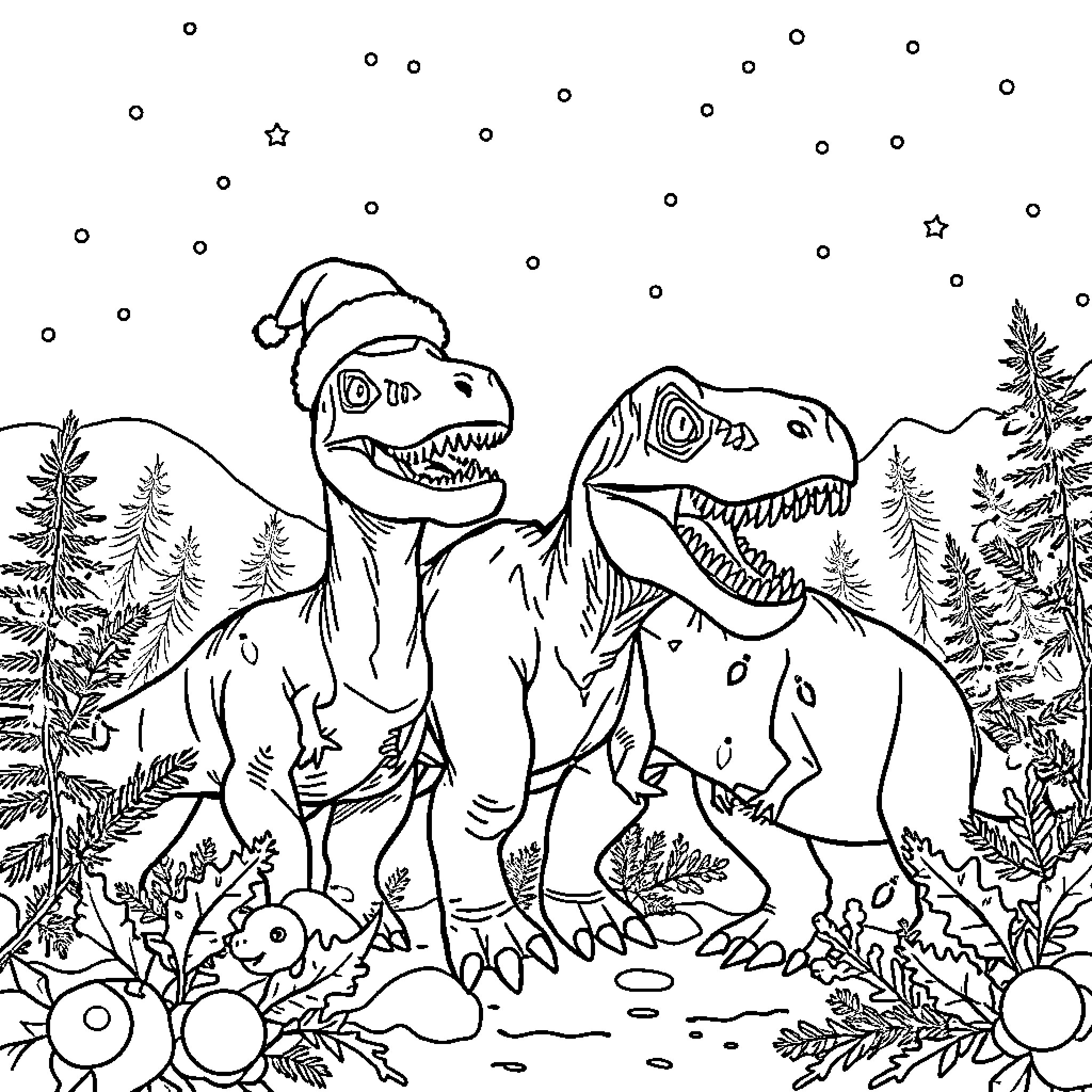 Dinosaurs Wearing Santa Hats in Snowy Forest Coloring Page (free black-and-white line drawing printable PDF for all, from beginners to advanced learners, including children, teens, adults, and seniors)