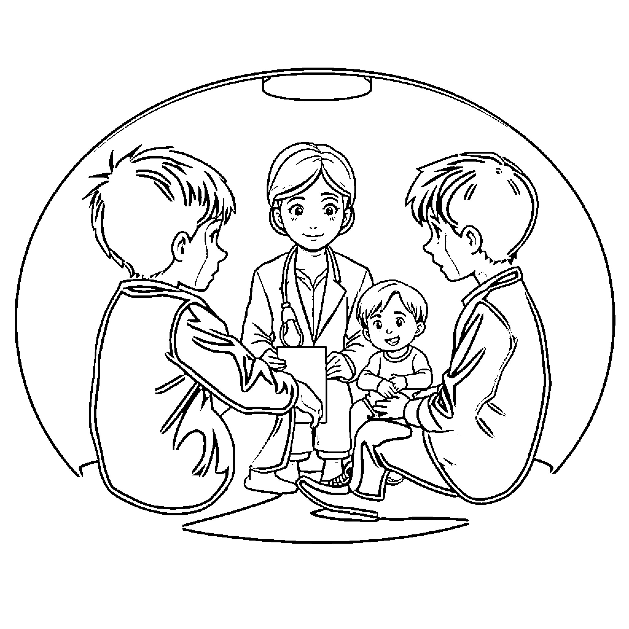Child Interacting with Family in Medical Setting Coloring Page (free black-and-white line drawing printable PDF for all, from beginners to advanced learners, including children, teens, adults, and seniors)