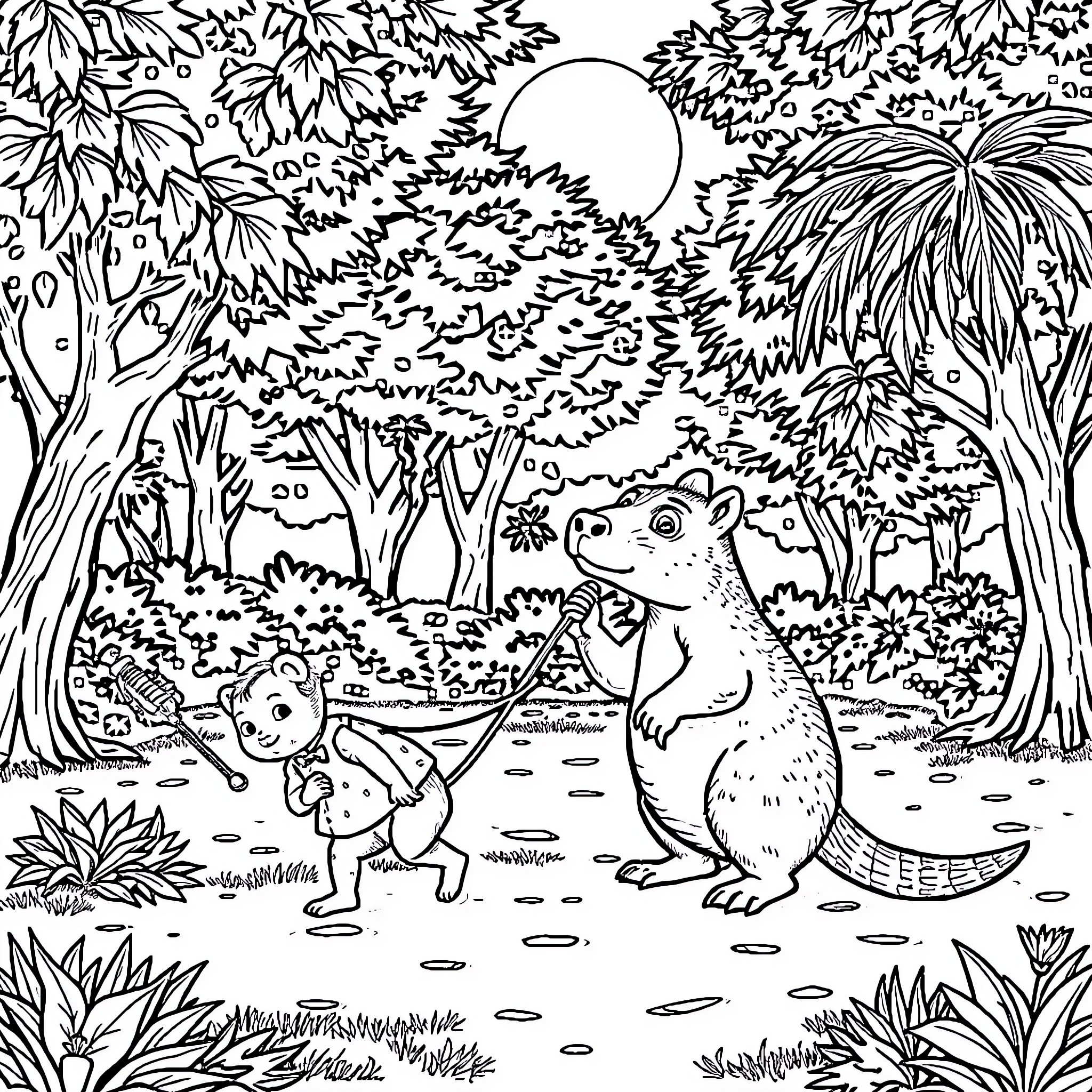 Capybara friends exploring the forest Coloring Page (free black-and-white line drawing printable PDF for all, from beginners to advanced learners, including children, teens, adults, and seniors)