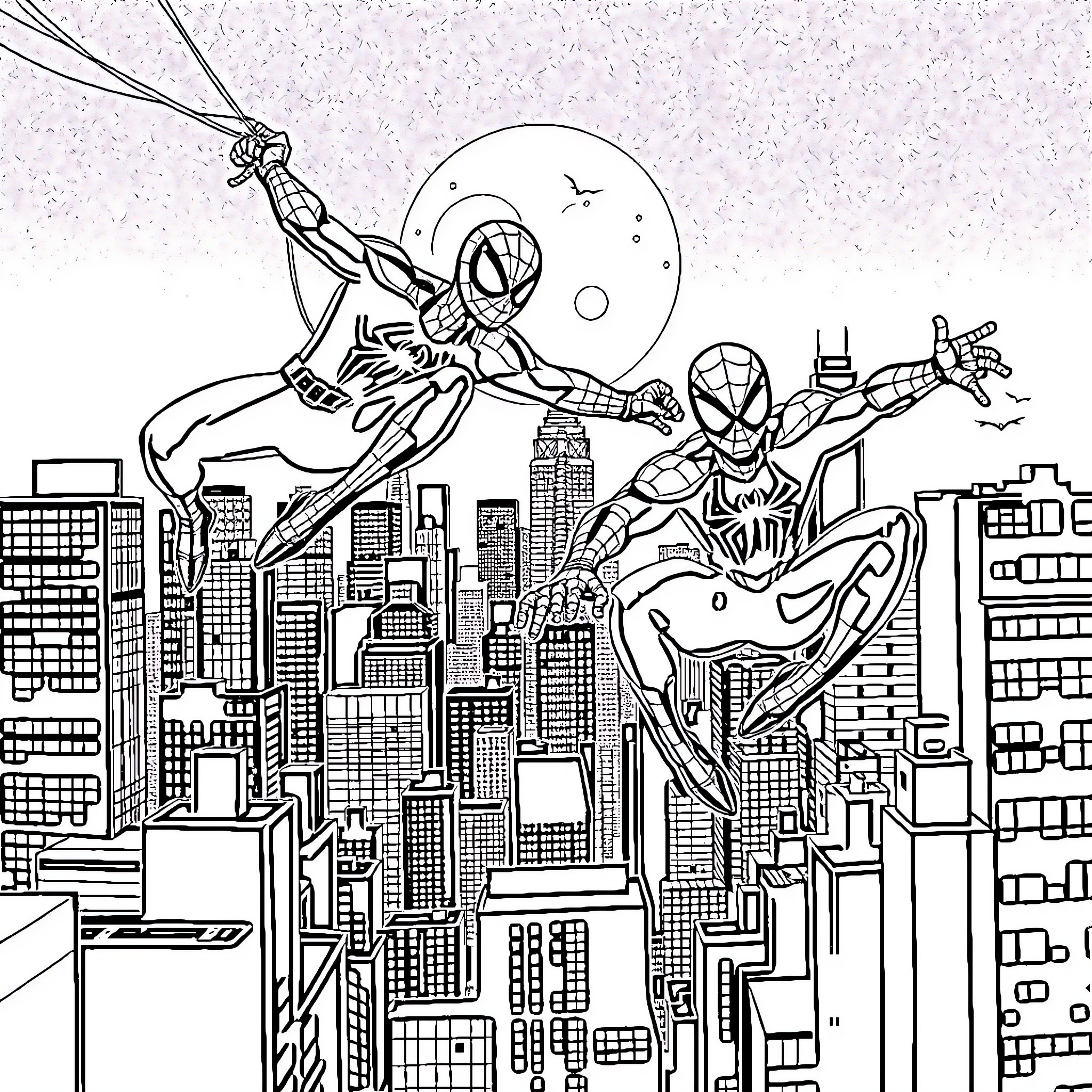 Spider-Man duo swinging through the city skyline Coloring Page (free black-and-white line drawing printable PDF for all, from beginners to advanced learners, including children, teens, adults, and seniors)