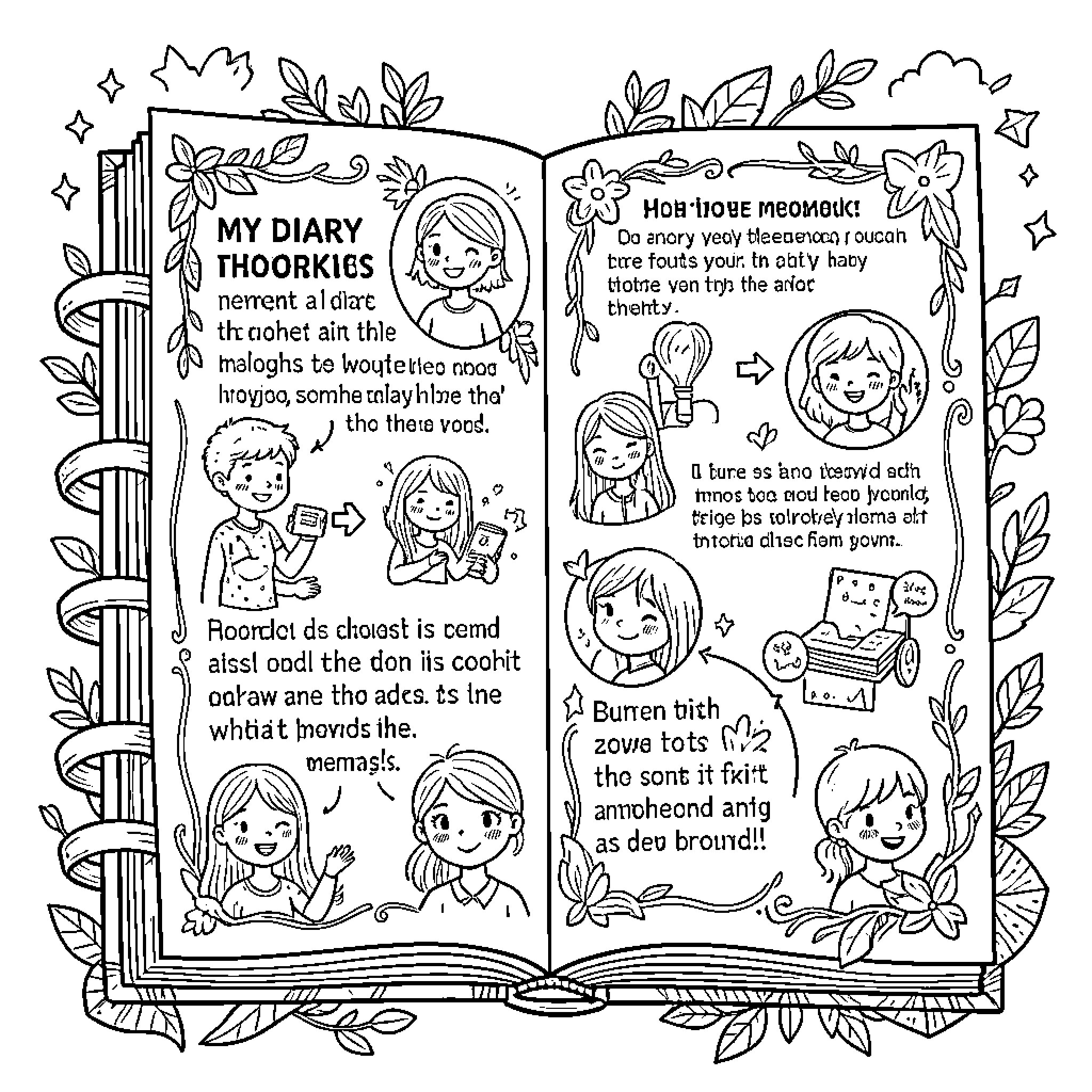 Diary filled with whimsical doodles and happy characters Coloring Page (free black-and-white line drawing printable PDF for all, from beginners to advanced learners, including children, teens, adults, and seniors)