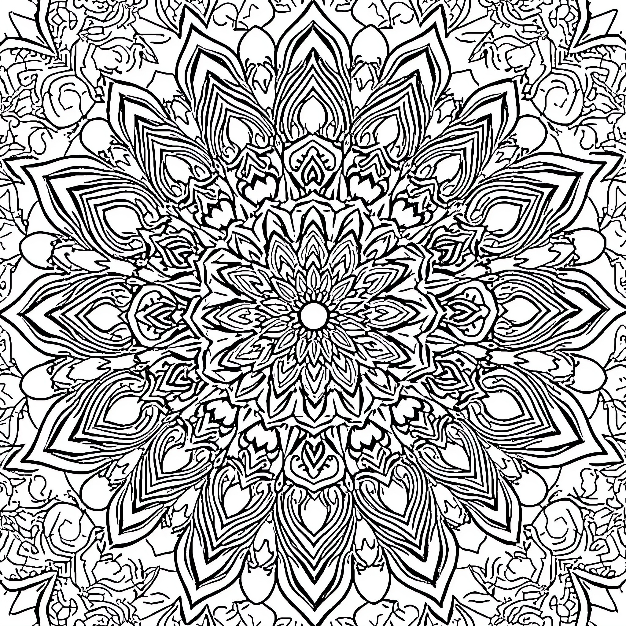 Mandala of Intricate Floral Designs Coloring Page (free black-and-white line drawing printable PDF for all, from beginners to advanced learners, including children, teens, adults, and seniors)